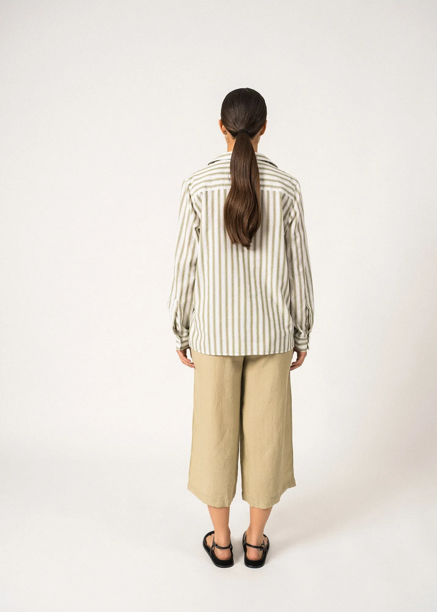 Breathable Stretch Fabric CAMILLE - Striped Button-Down Blouse | Cotton and Linen Blend (WHITE / SOFT ALMOND)