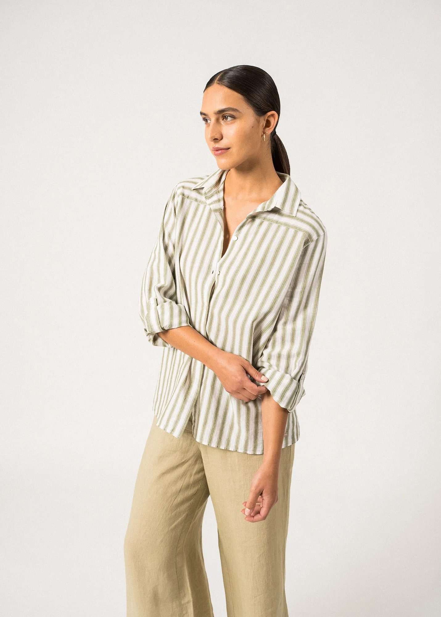 SweatAbsorbentLining OdorResistantFabric CAMILLE - Striped Button-Down Blouse | Cotton and Linen Blend (WHITE / SOFT ALMOND)