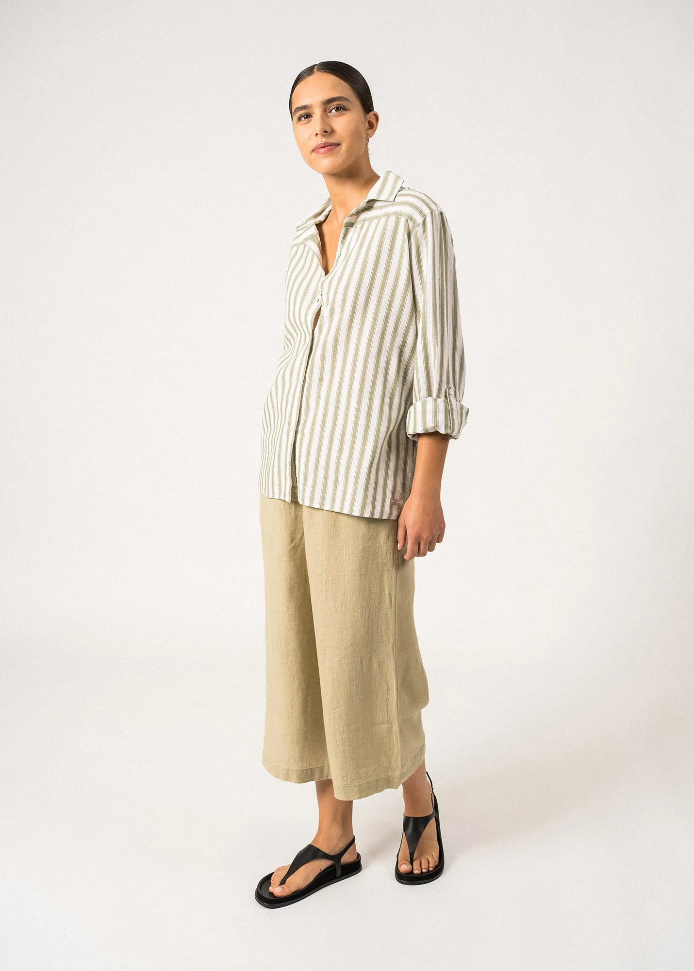 CAMILLE - Striped Button-Down Blouse | Cotton and Linen Blend (WHITE / SOFT ALMOND) Trend Base NonRestrictive Design