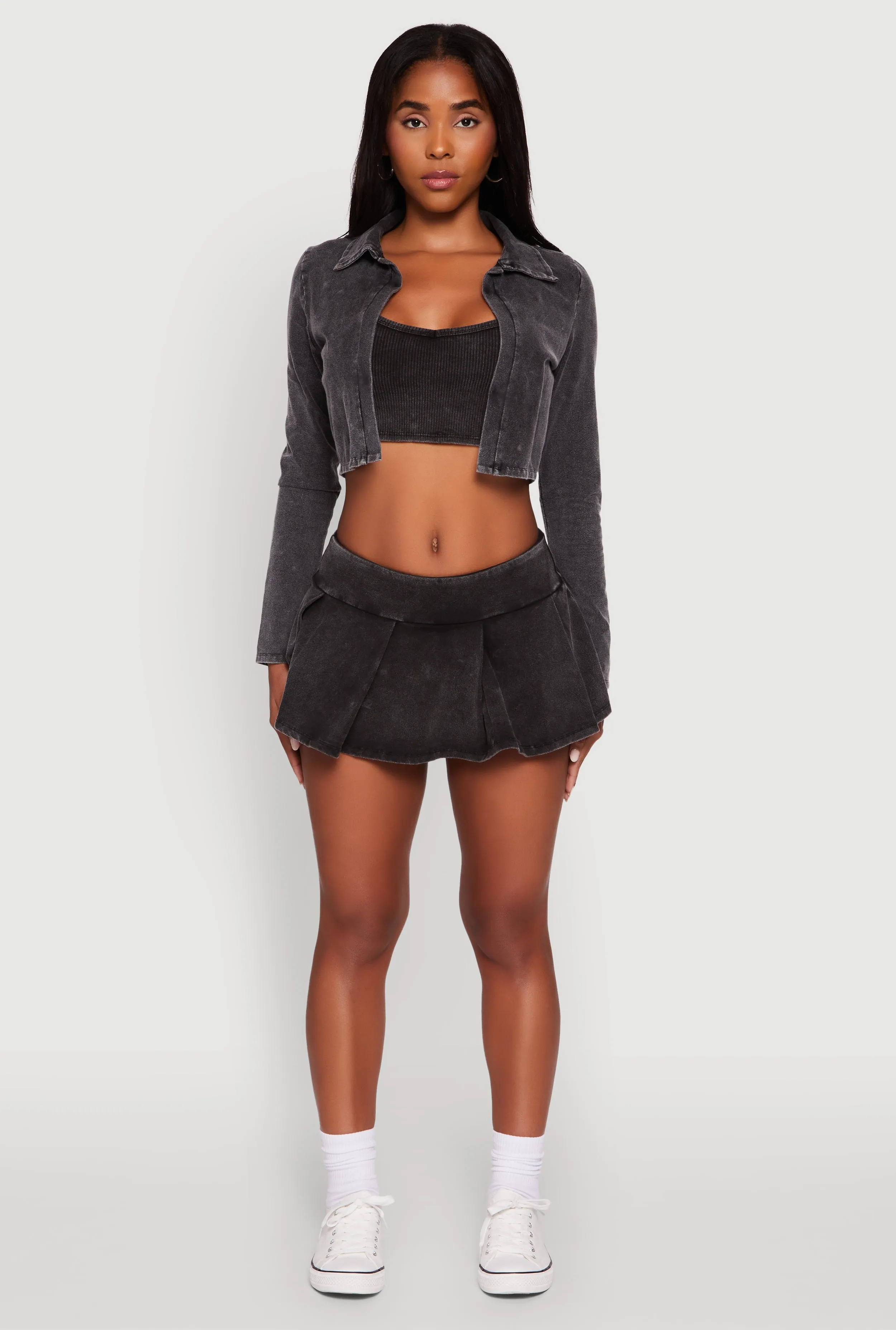 Trendy Acid Wash Pleated Micro Skort Stretchable Waist