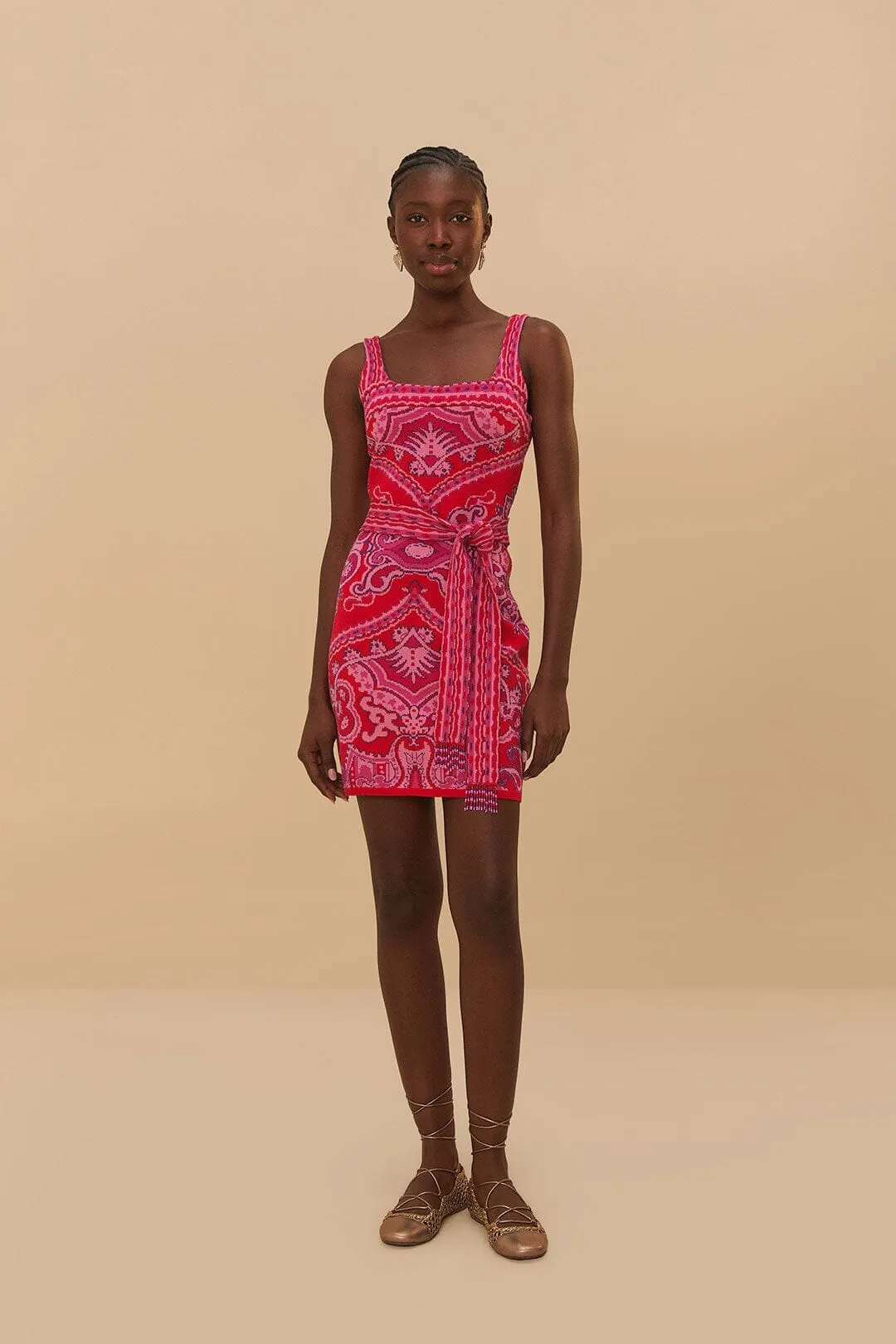 Red Paisley Scarf Knit Mini Dress Party Glow