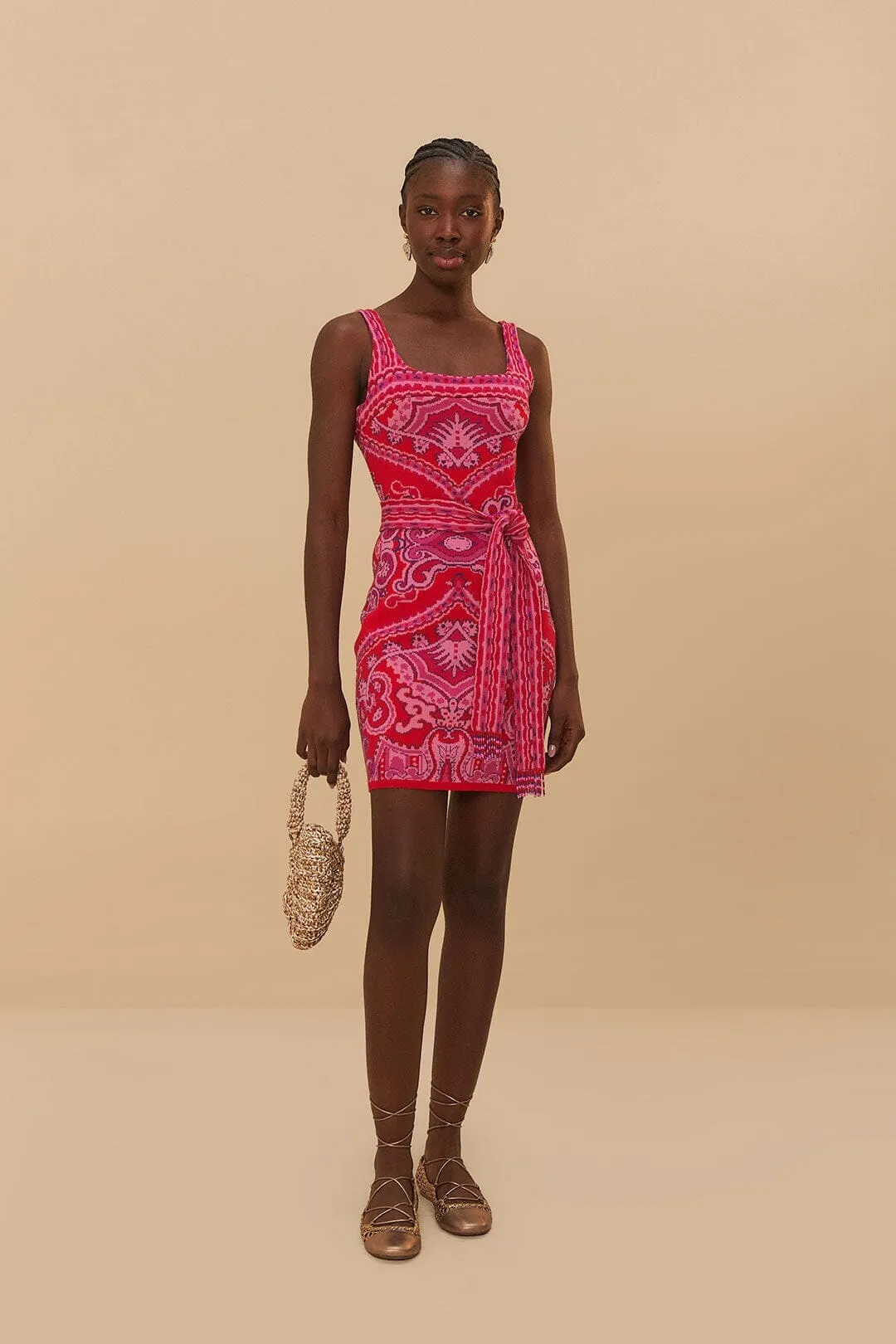 Red Paisley Scarf Knit Mini Dress Boho Vibes