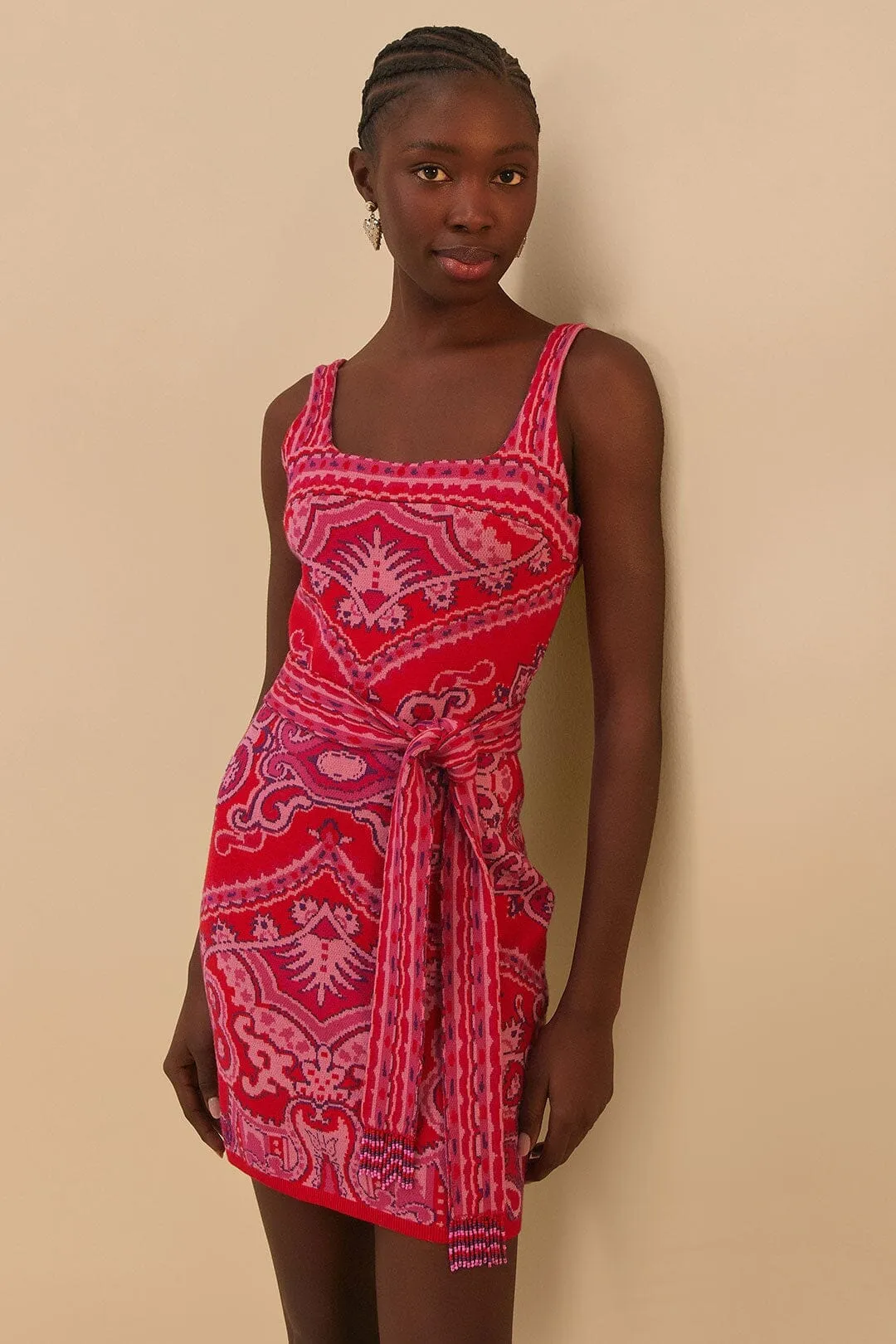 Red Paisley Scarf Knit Mini Dress Comfortable and breezy mini