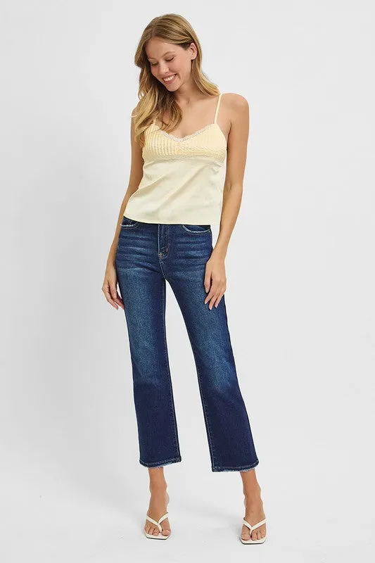 FlatlockSeaming Thermal Insulation Layer Risen Dark Wash Cropped Straight Jeans