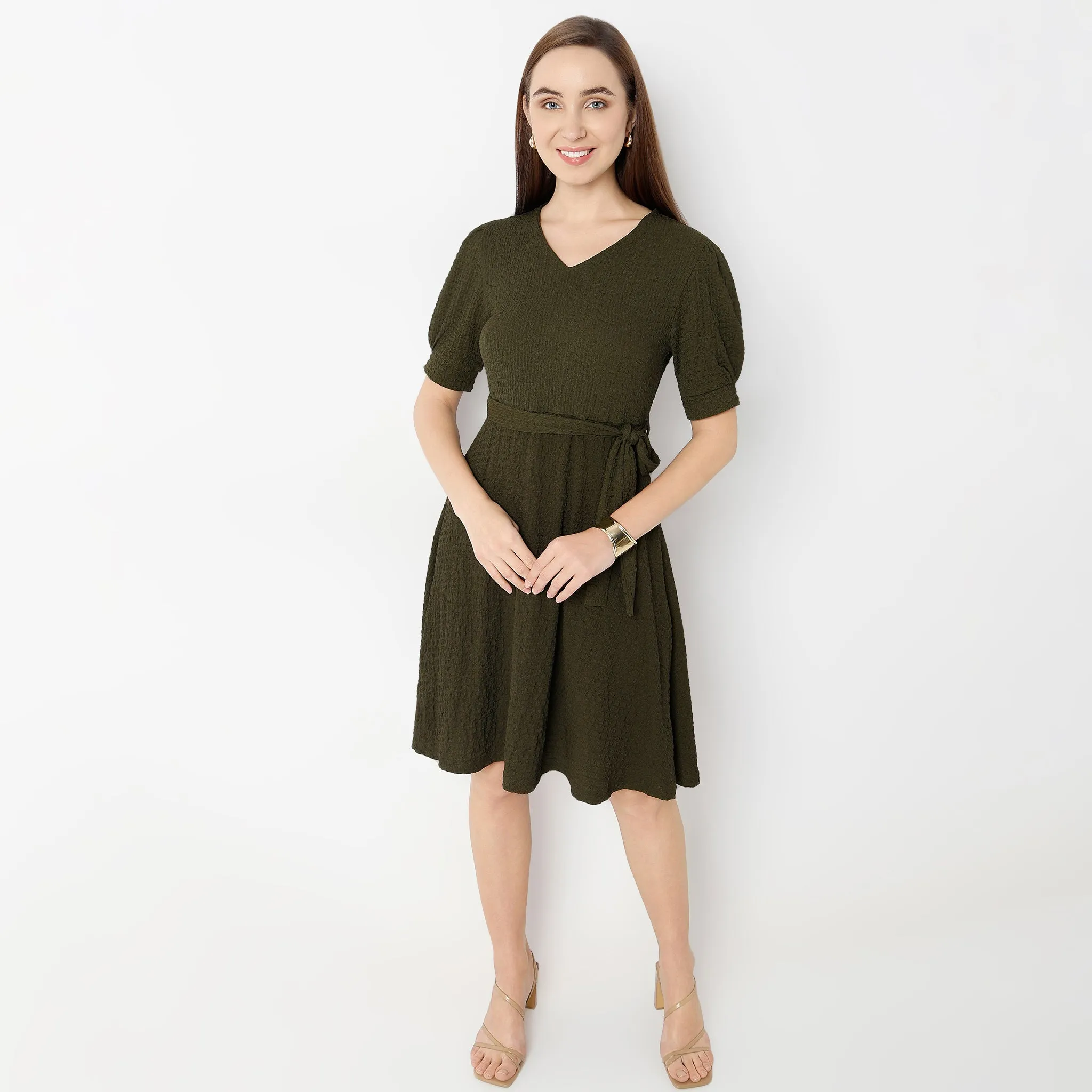 Betty V-Neck Short Dress With Belt Detail At Waist AntiStatic Lining