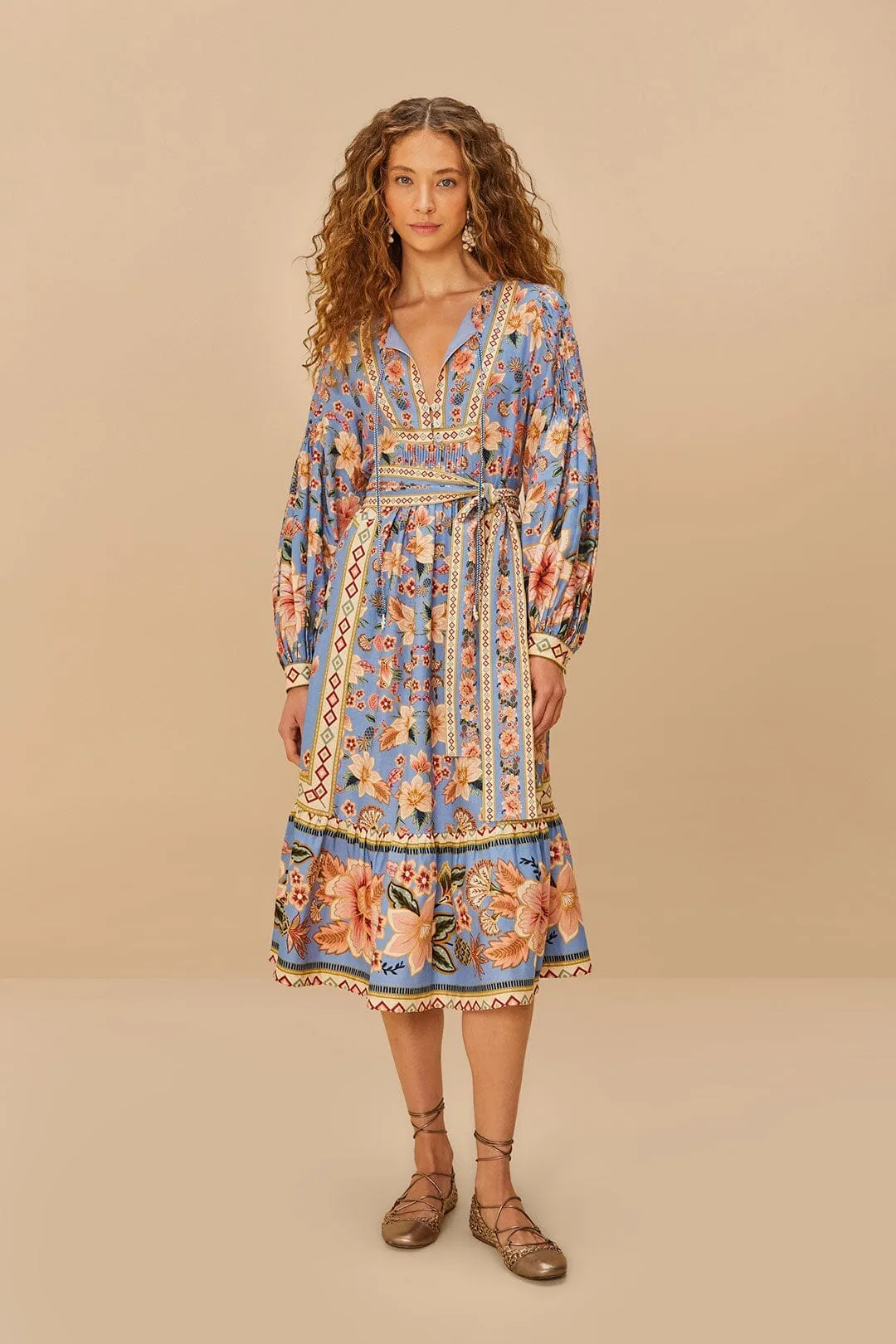 Young Professional Edgy Youth Blue Superbloom Tapestry LENZING? ECOVERO? Euroflax?Midi Dress