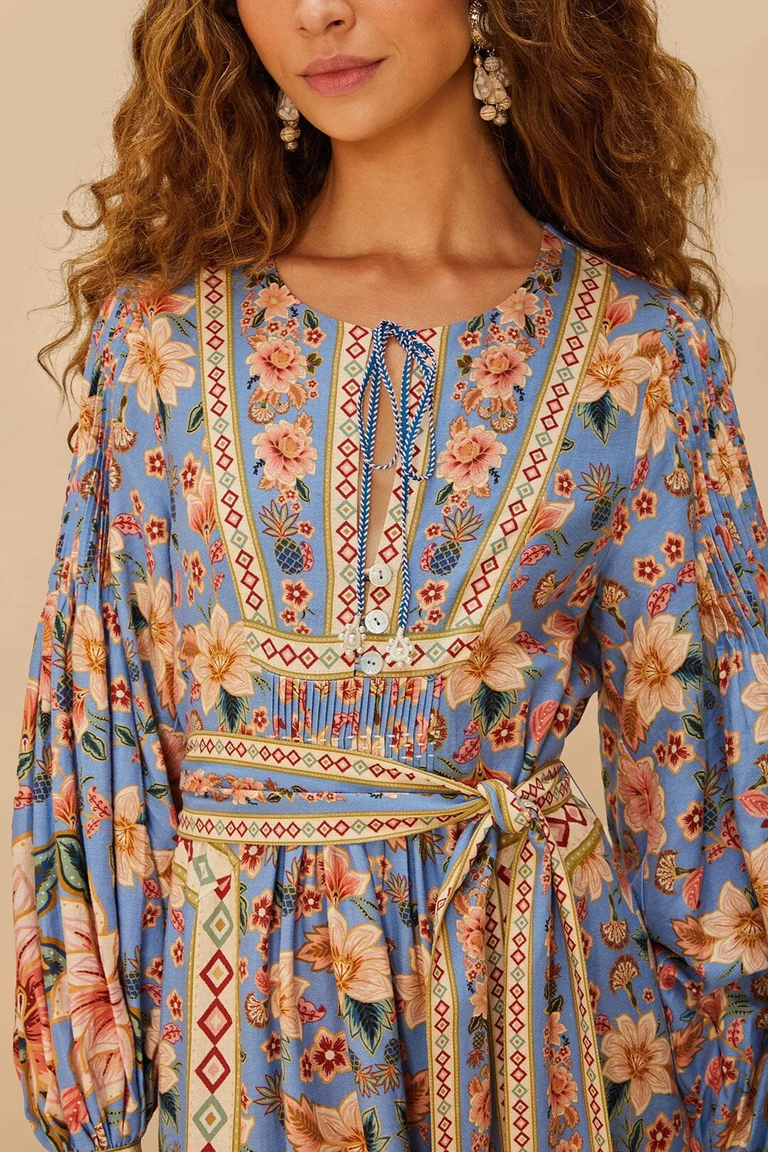 Breathable fabric Elegant Look Blue Superbloom Tapestry LENZING? ECOVERO? Euroflax?Midi Dress