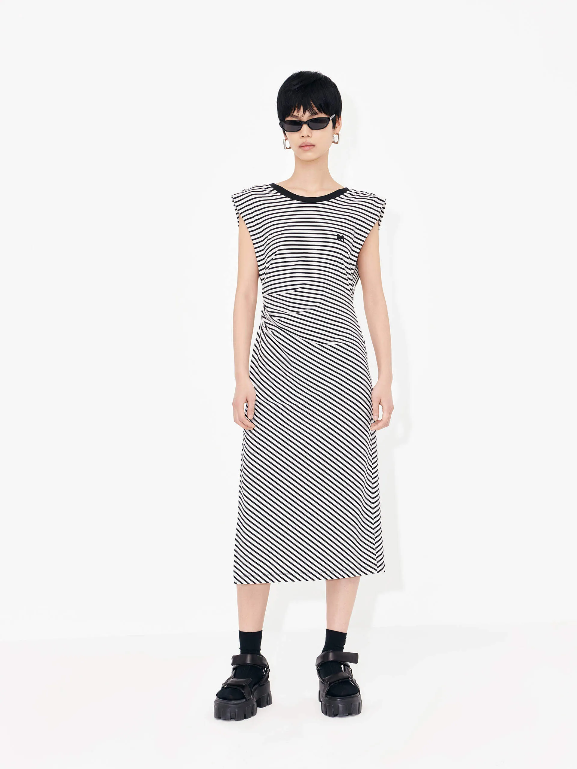 Breathable fabric Gathered Waist Stripe Dress