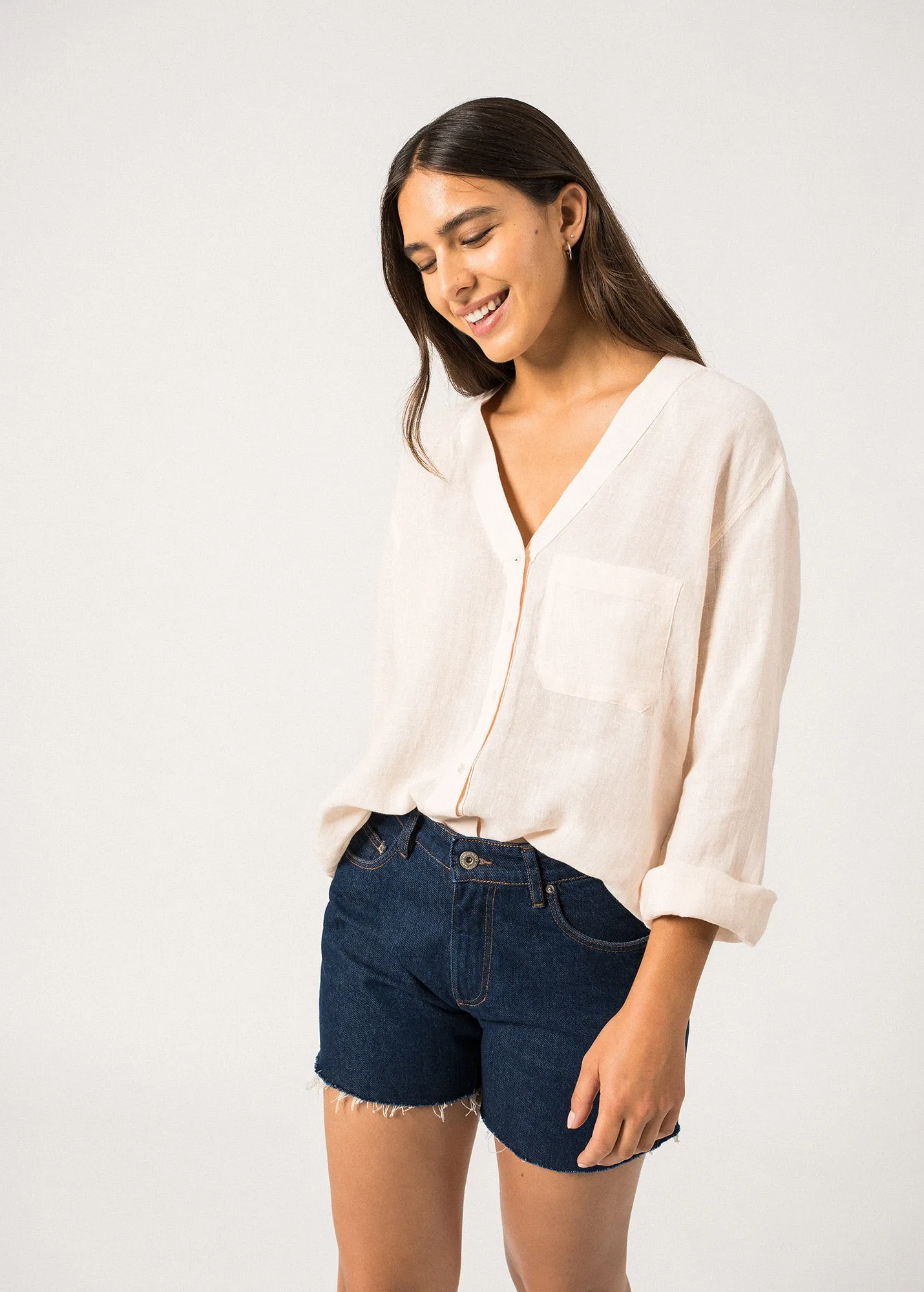 LAURENCE - Long Sleeved V-Neck Button Down Blouse (PALE PINK) WrinkleResistant Fabric
