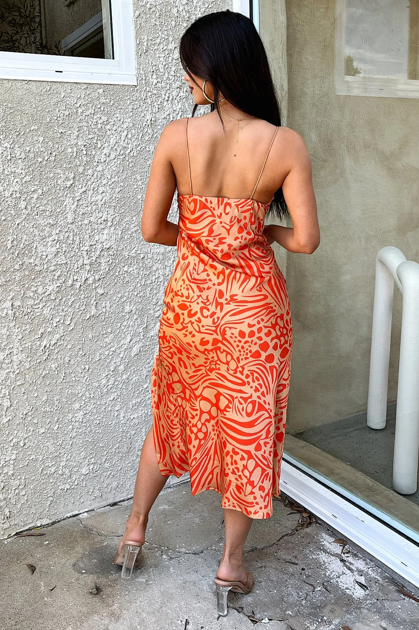 Jennifer Satin Midi Dress - Orange / Brown Polished Style Trendy Essentials