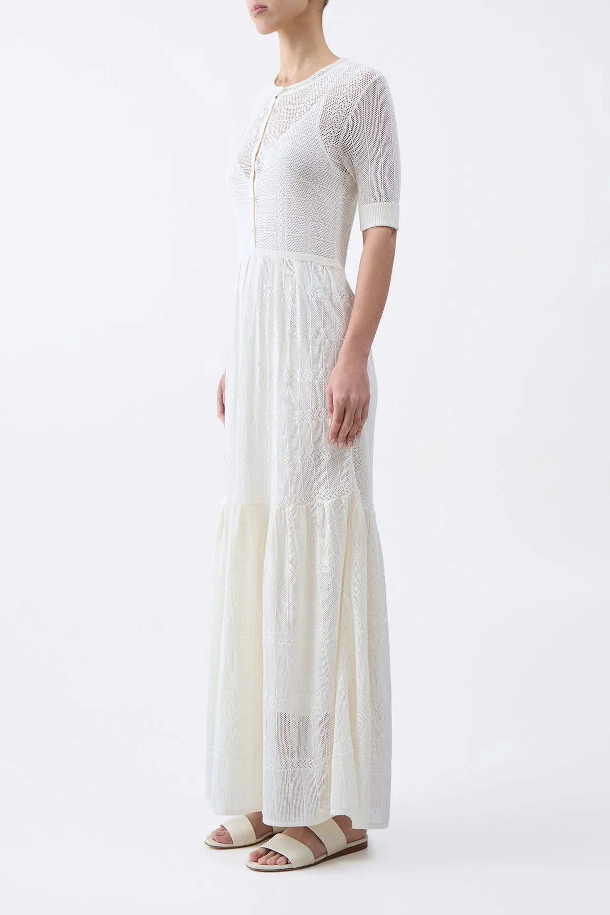 Friend Vibe Iris Pointelle Knit Pleated Maxi Dress with Slip in Ivory Cotton Silk