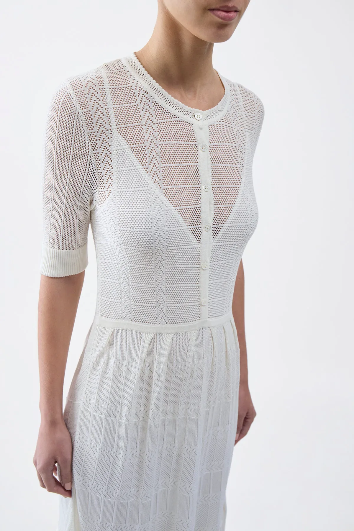 Iris Pointelle Knit Pleated Maxi Dress with Slip in Ivory Cotton Silk ConvertibleStyle