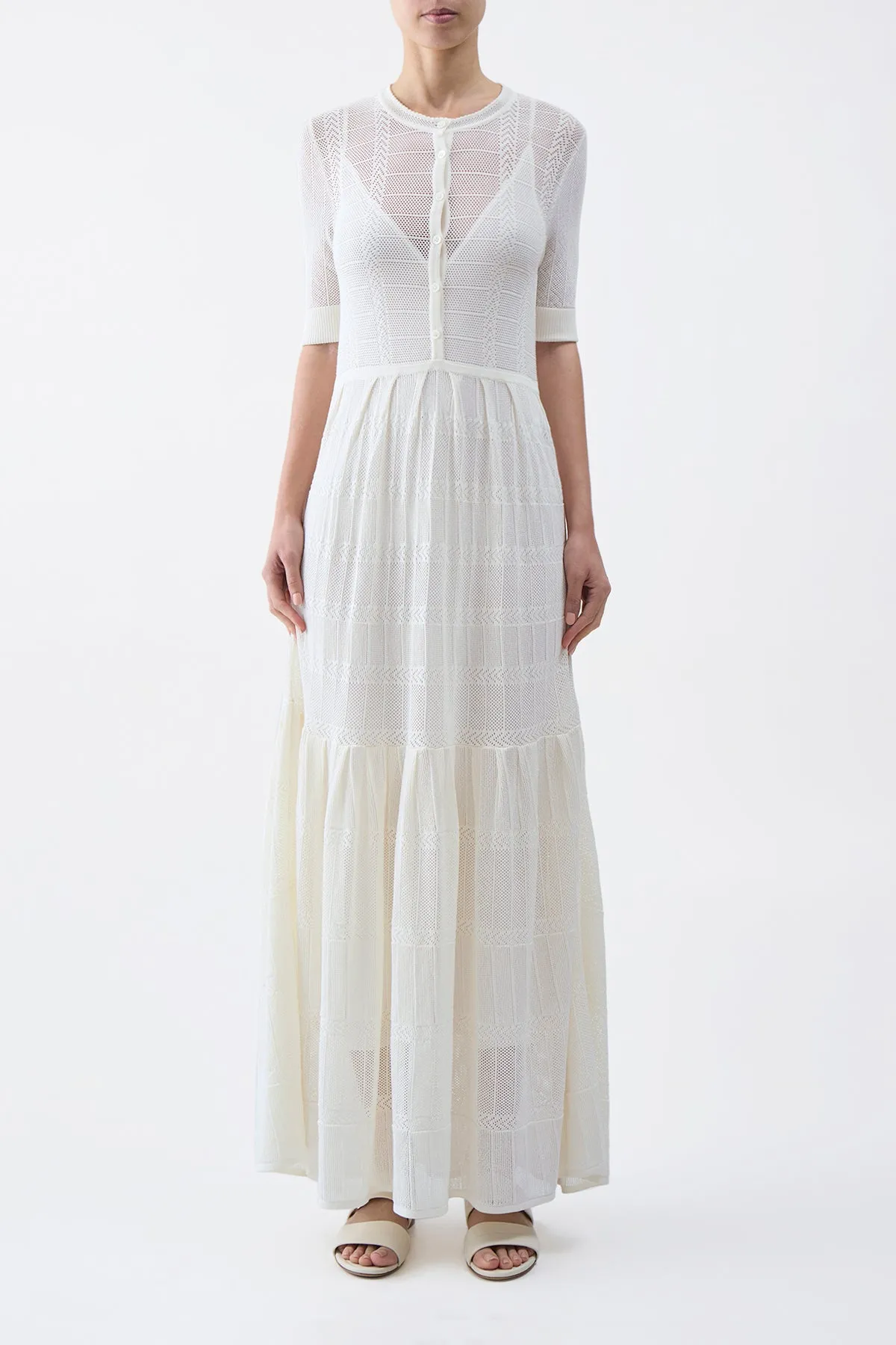 Quiet Charm Iris Pointelle Knit Pleated Maxi Dress with Slip in Ivory Cotton Silk