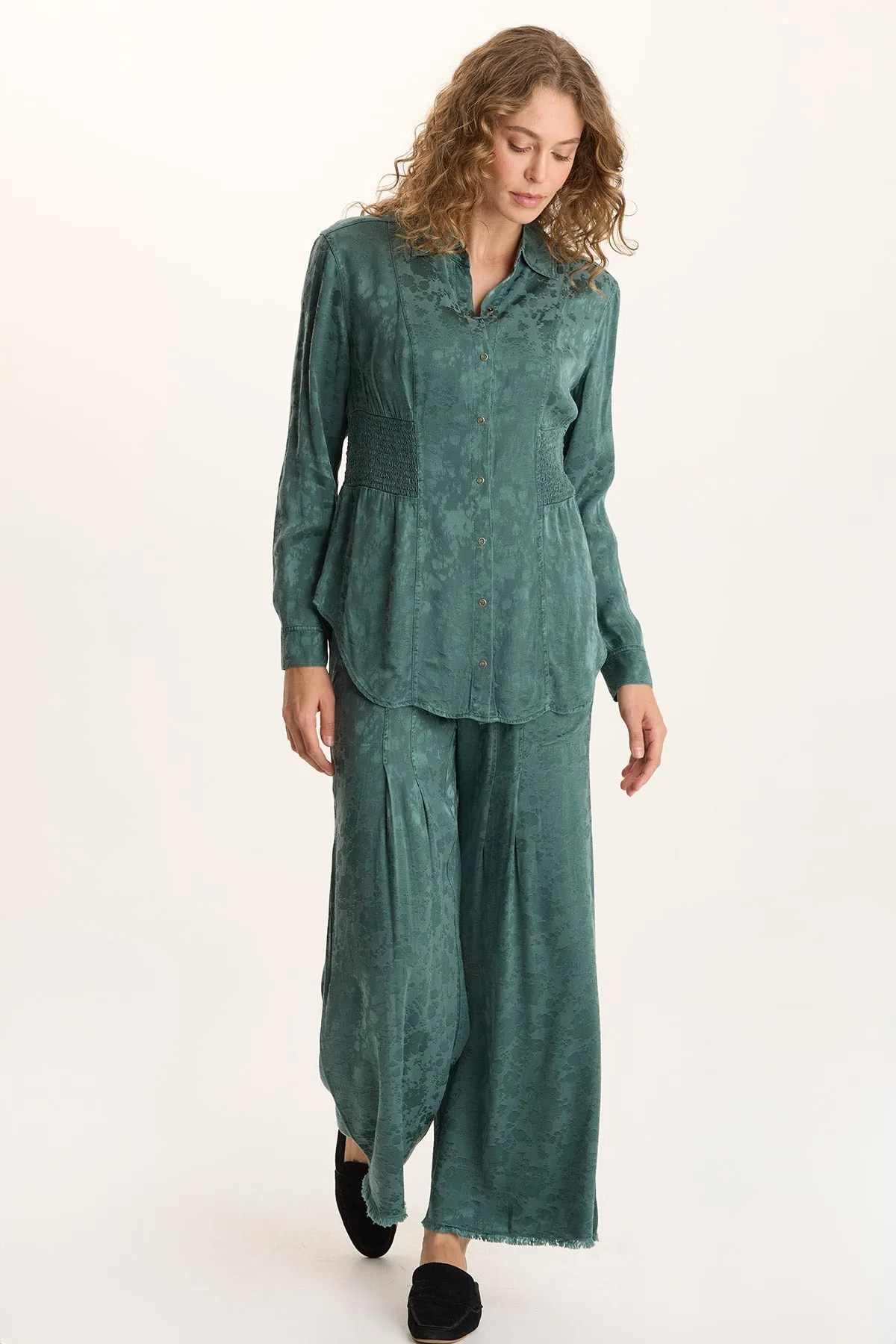 American Ease Senneca Textured Satin Shirred Peplum Button-Up Blouse