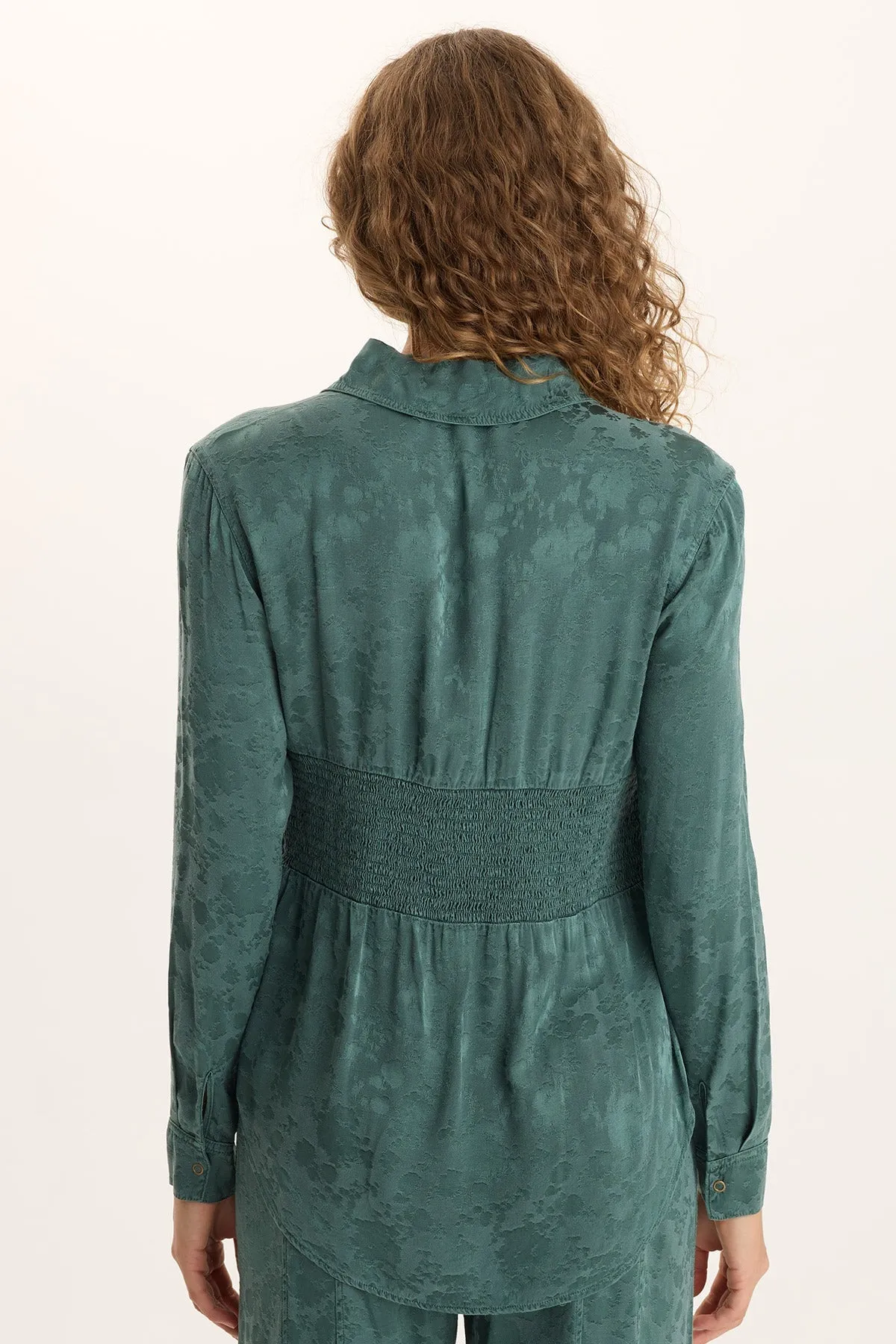 Senneca Textured Satin Shirred Peplum Button-Up Blouse Hotel Style