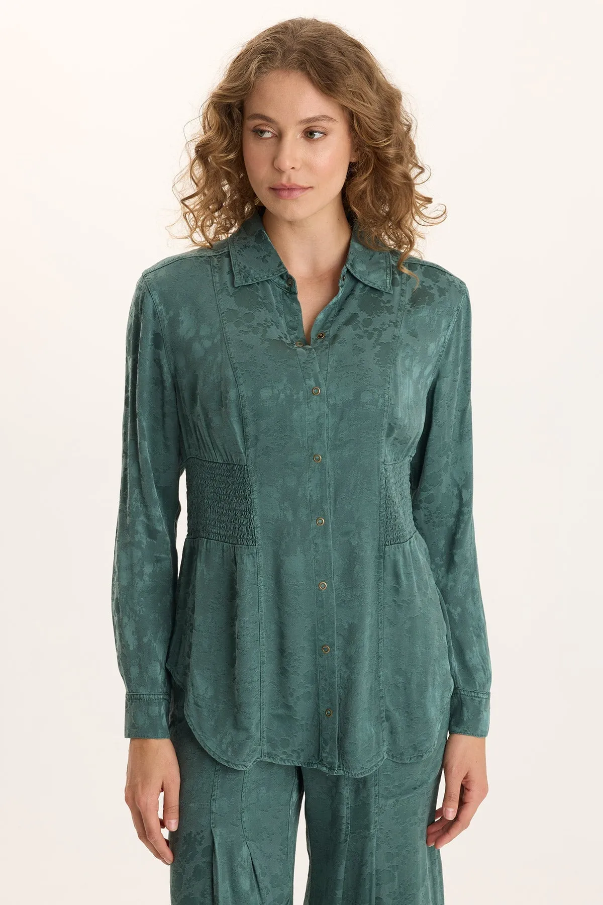 StretchableFabric Senneca Textured Satin Shirred Peplum Button-Up Blouse