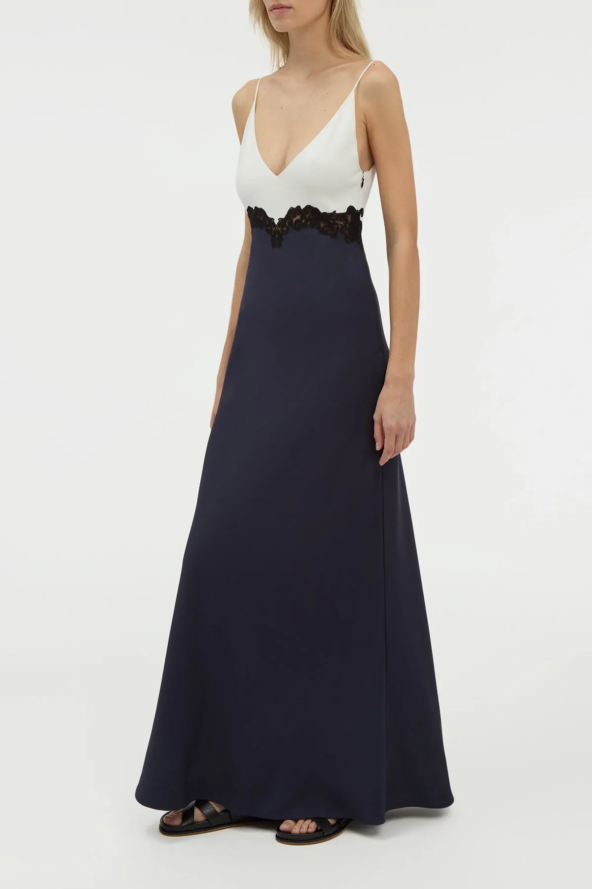 Amaryllis Lace Maxi Dress in Dark Navy Silk Wool Cady Rain Fit Breathable mesh