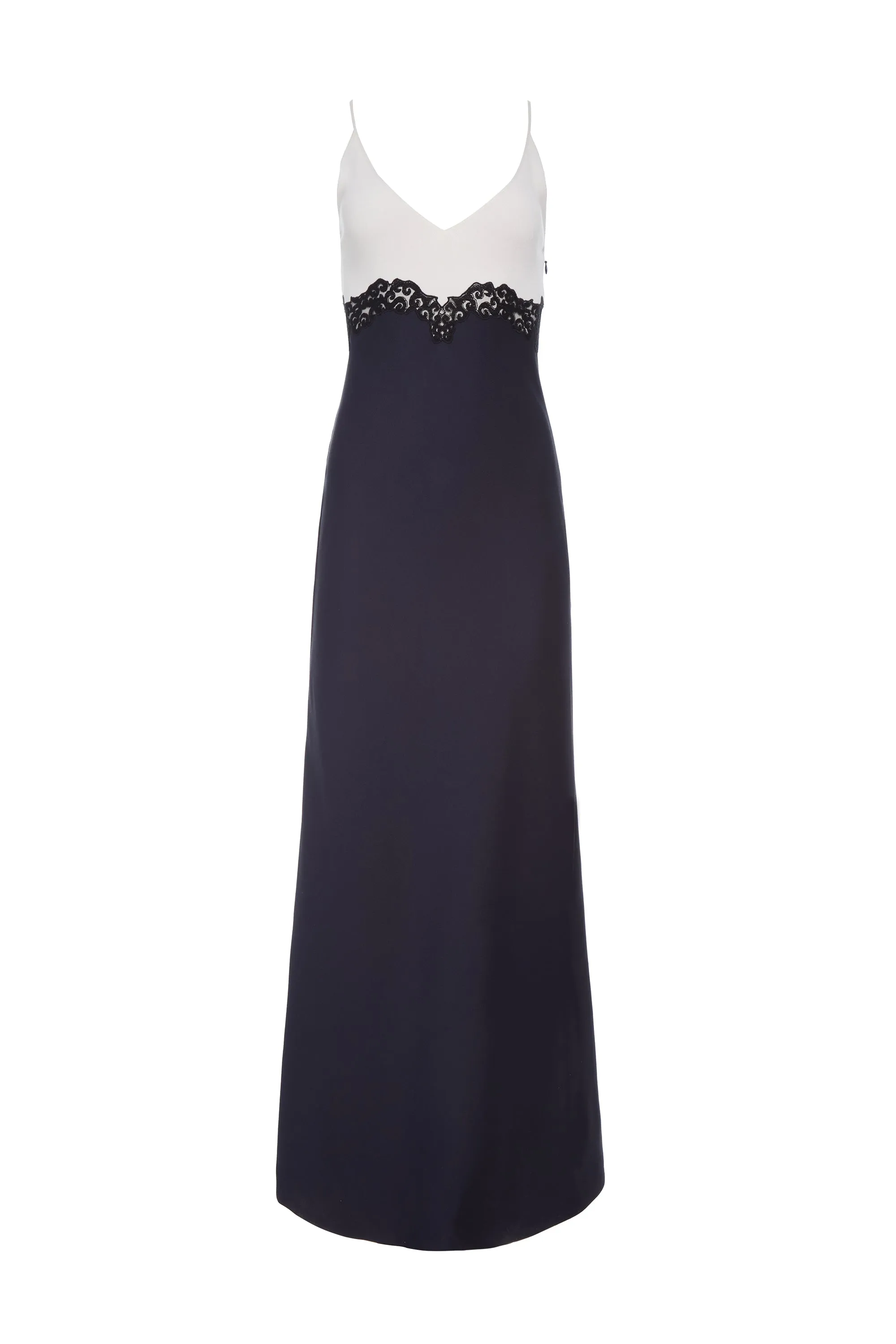 Royal Mode Polish Glow Amaryllis Lace Maxi Dress in Dark Navy Silk Wool Cady