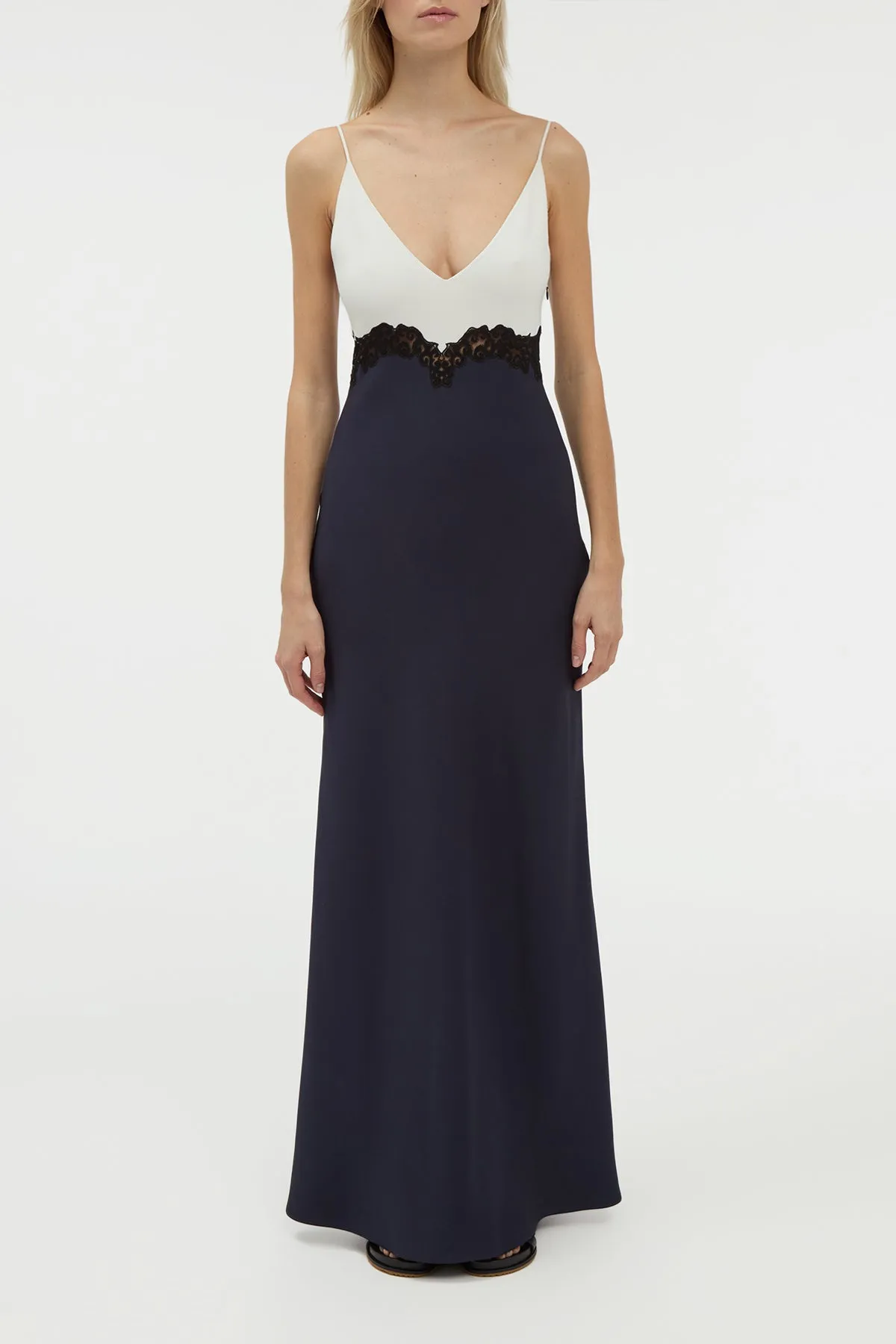 Amaryllis Lace Maxi Dress in Dark Navy Silk Wool Cady Poise Fit