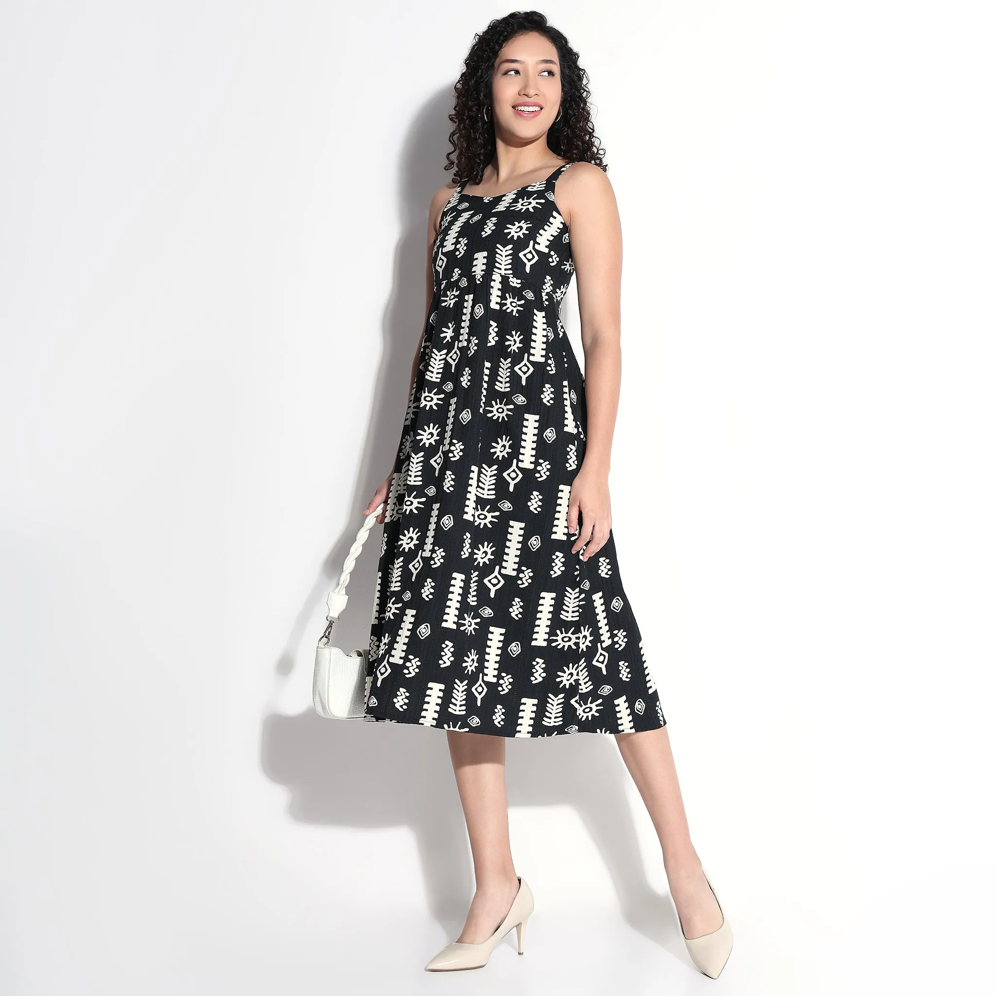 Hygienic Finish Tribal Print Square Neck Midi Dress
