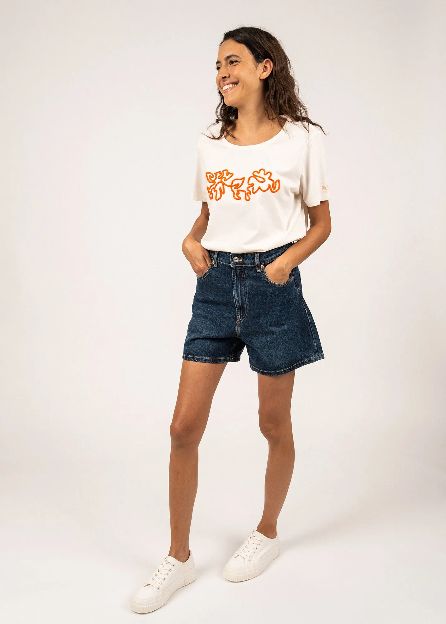 SANDY - Tee with Embossed Flower Embroidery | 100% Cotton (IVORY / NEON ORANGE) Moon Beam Fresh Glow