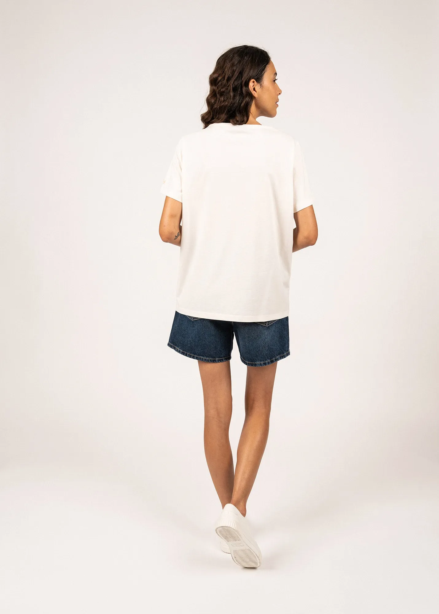 Breath Skin HighDurabilityClothing SANDY - Tee with Embossed Flower Embroidery | 100% Cotton (IVORY / NEON ORANGE)