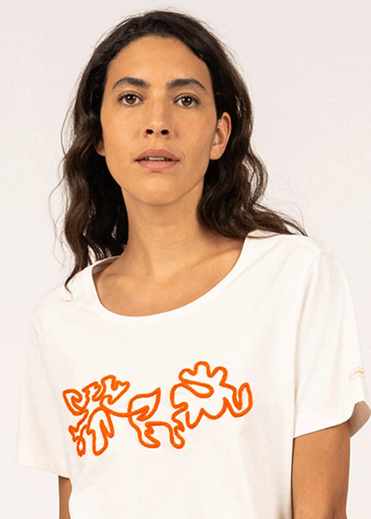 Fire Core Aura Core SANDY - Tee with Embossed Flower Embroidery | 100% Cotton (IVORY / NEON ORANGE)