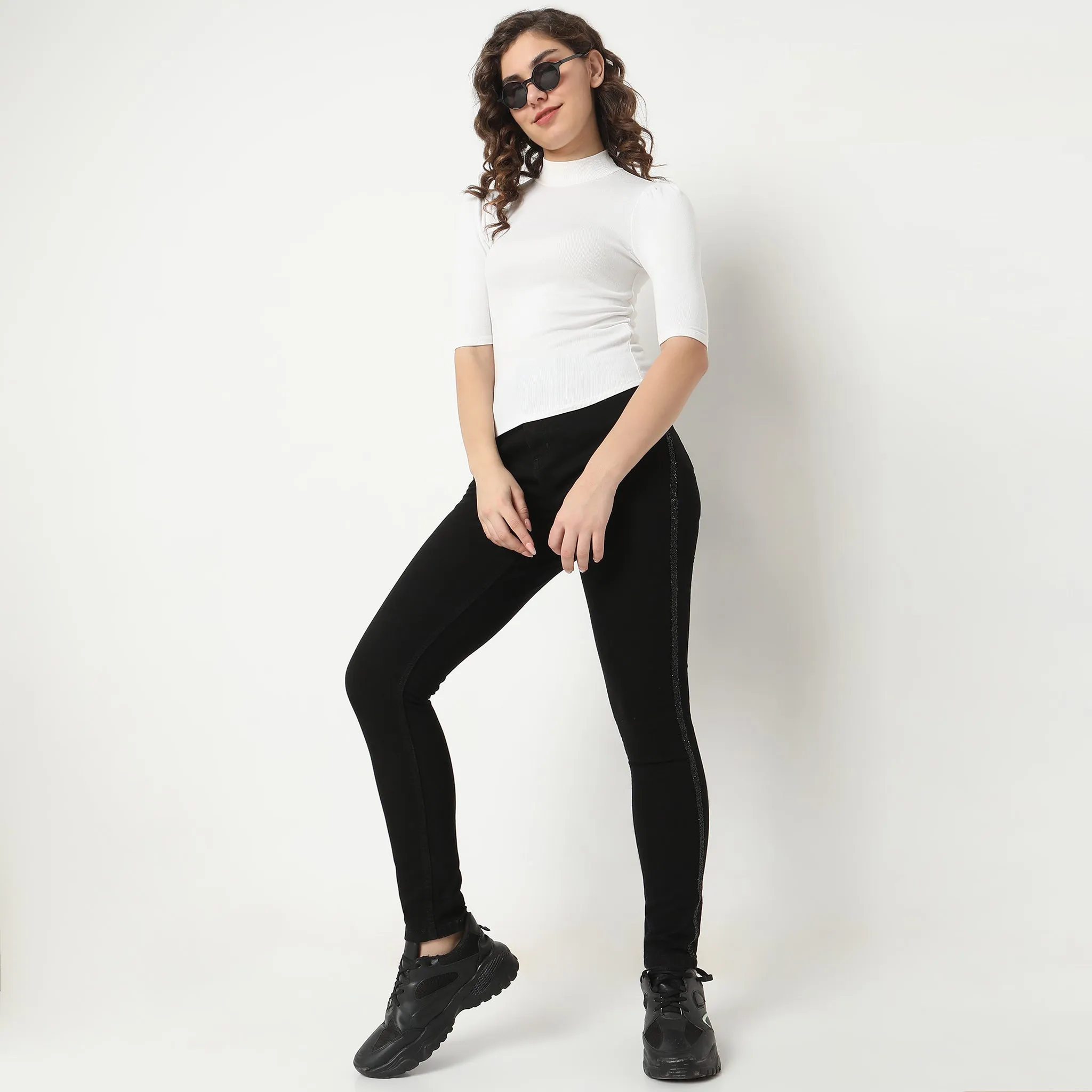 Leather Core Skinny Fit Embellished High Rise Jeans