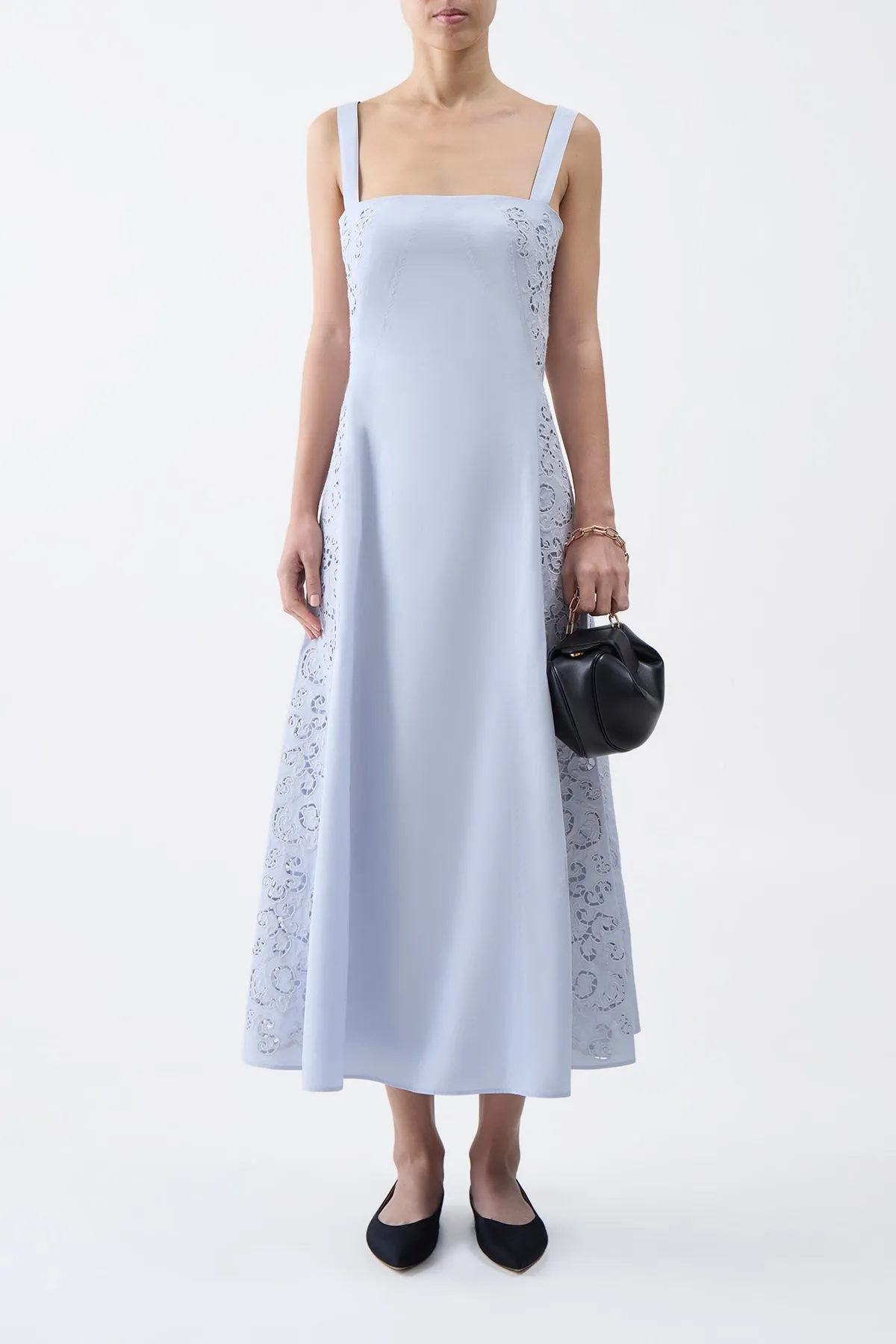 Jewel tone Storm Core Lenya Lace Midi Dress in Light Blue Sea Island Cotton