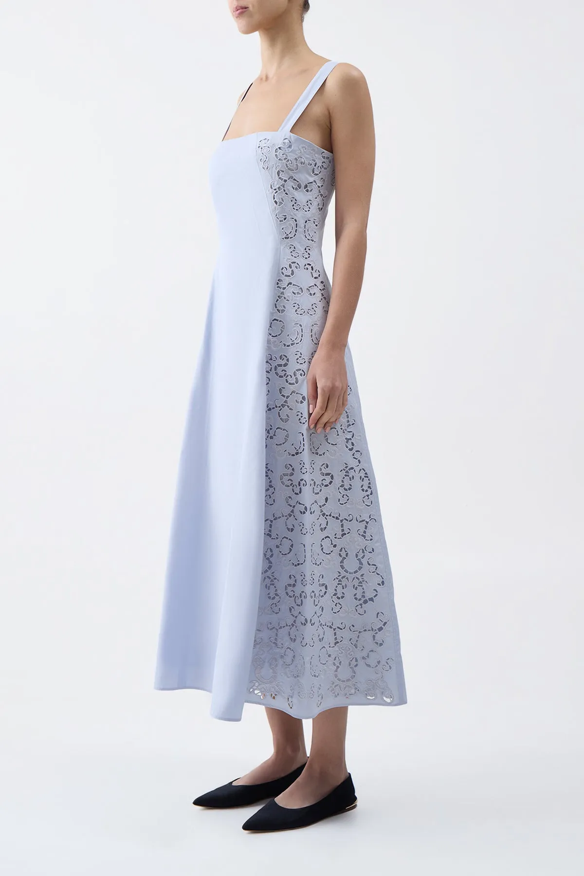 StainlessZippers Lenya Lace Midi Dress in Light Blue Sea Island Cotton