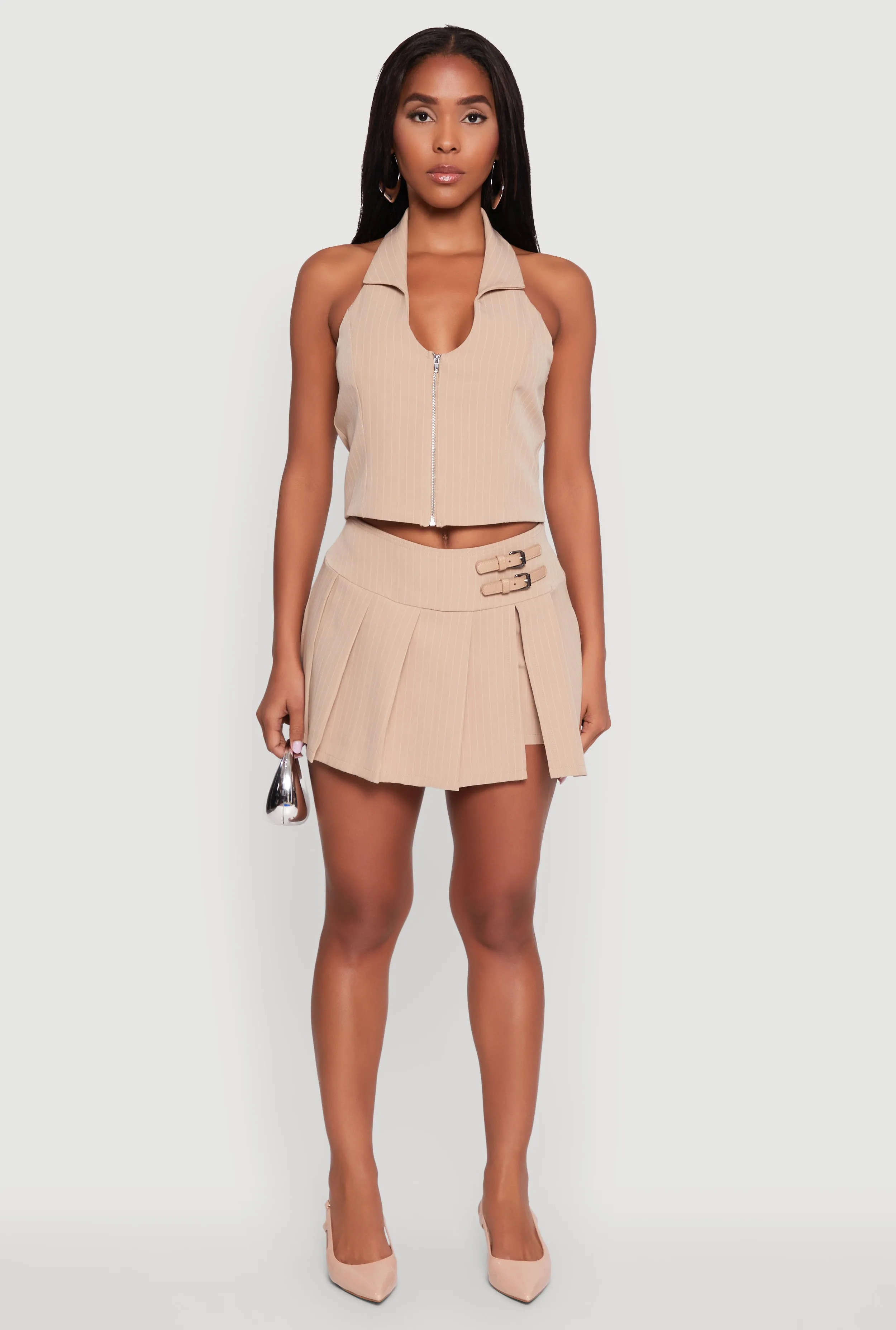 Iris Buckle Detail Pinstripe Pleated Skirt Draped Silhouette