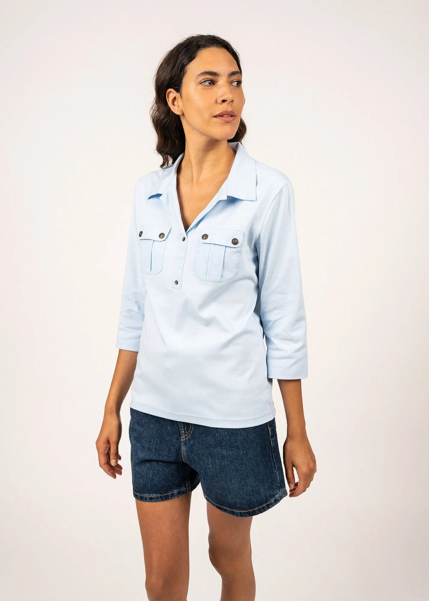 OdorResistant Layer Light OLERON - Polo Shirt with ? Sleeve | 100% Cotton | Comfort Fit (LIGHT BLUE)