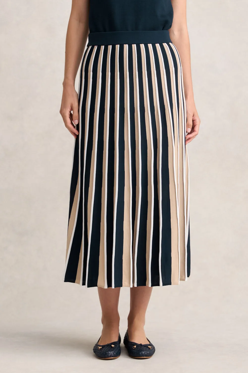 Pleated Knit Skirt - Deep Navy Stripe Inverted Pleats