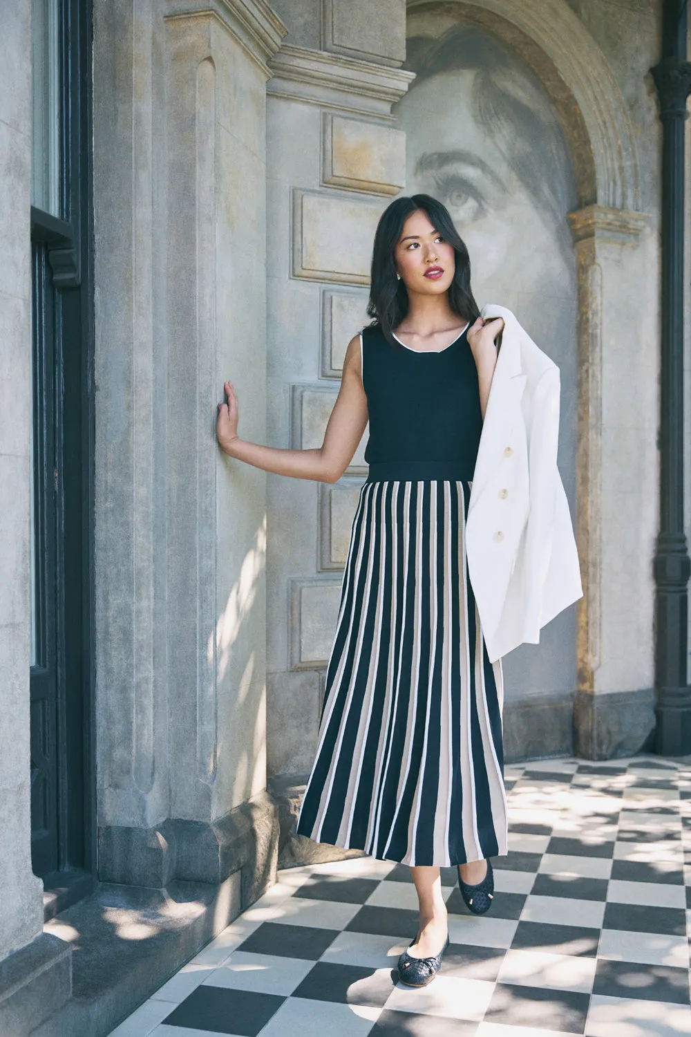 Basic Layers Side Pockets Pleated Knit Skirt - Deep Navy Stripe