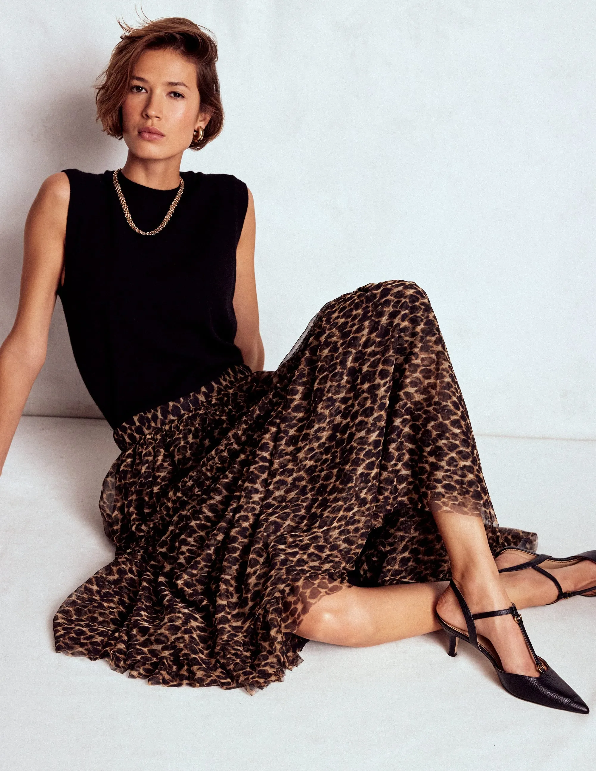 Minimal Design Anna Tulle Midi Skirt-Leopard