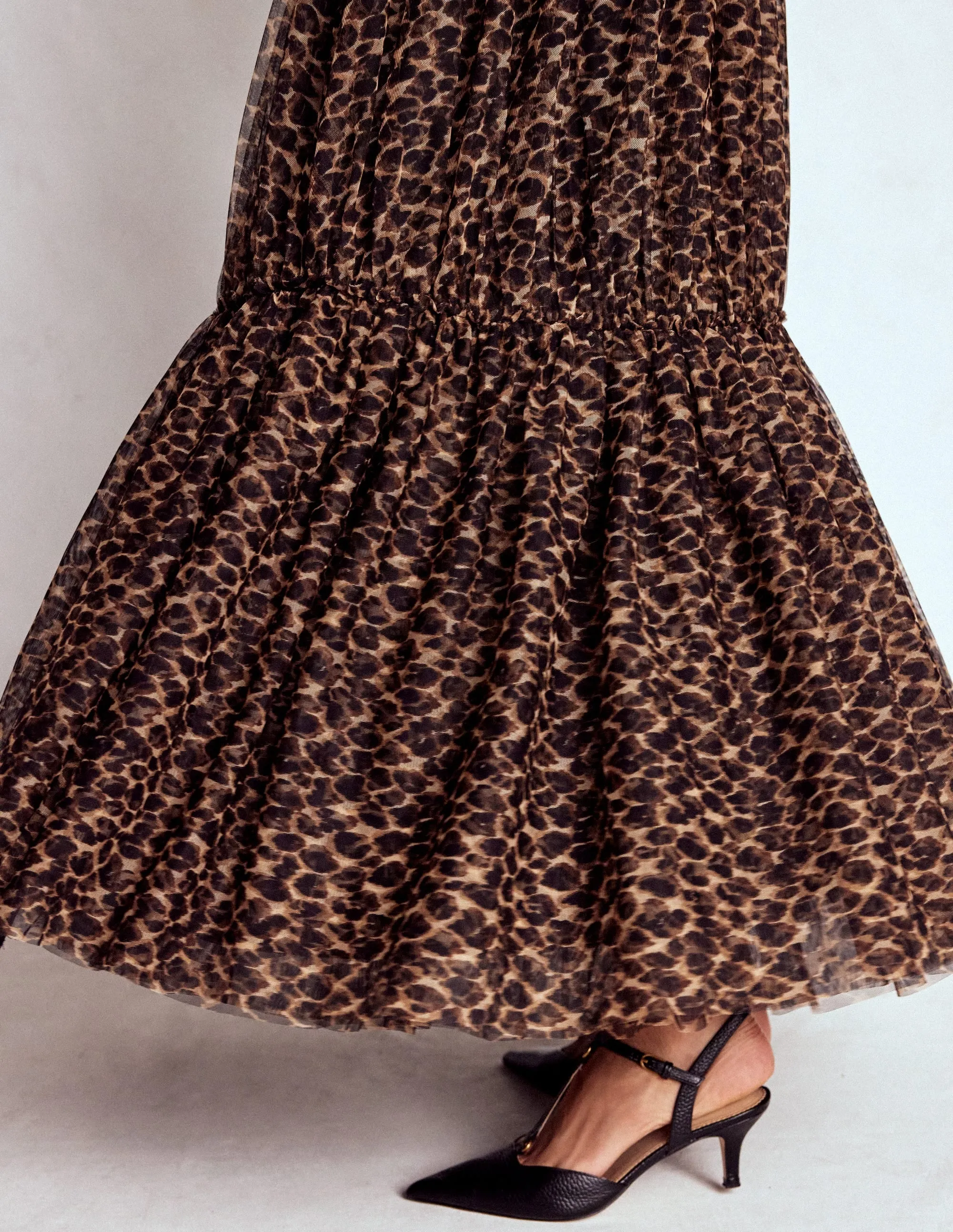 Water Repellent Finish Pull On Style Anna Tulle Midi Skirt-Leopard