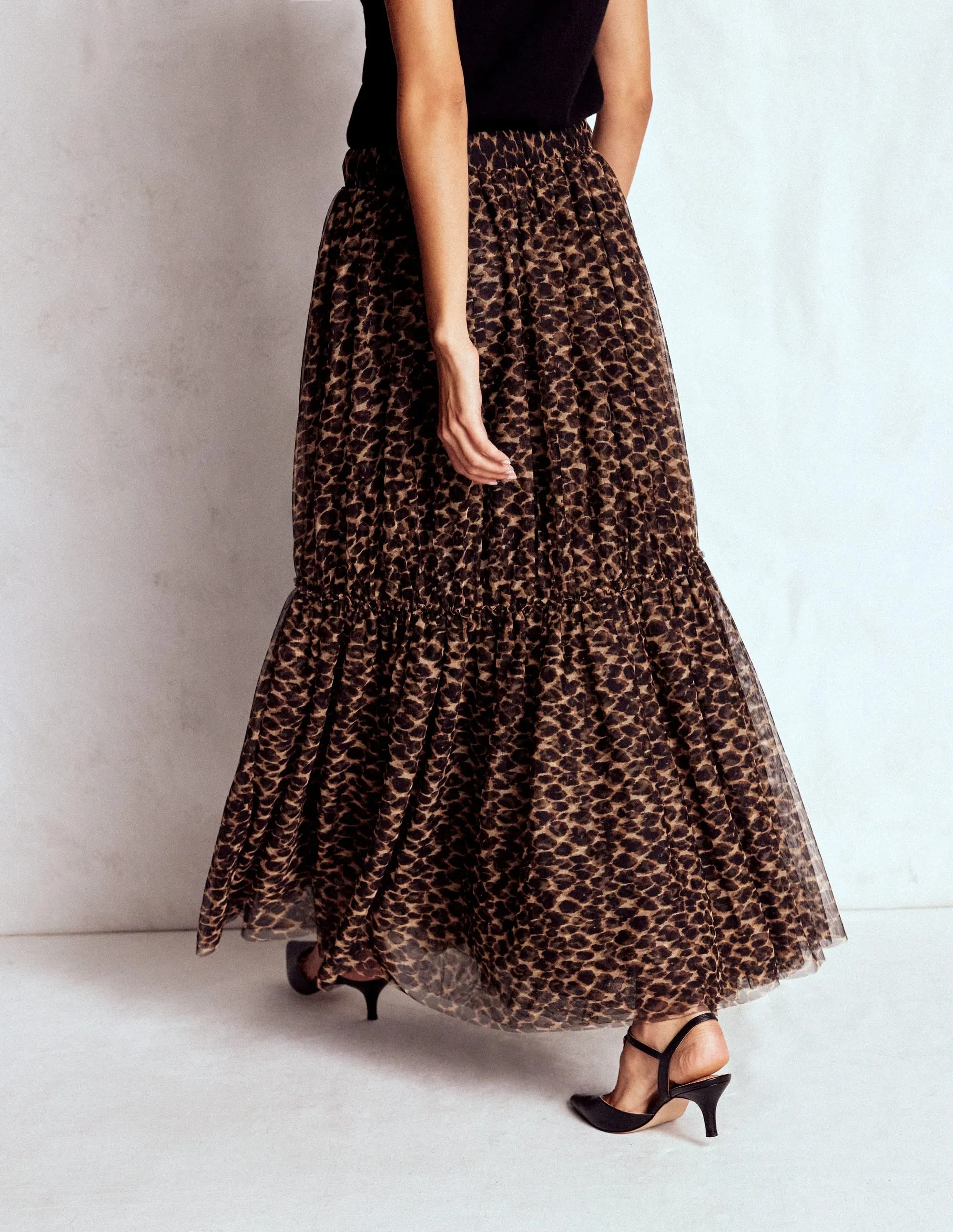 Anna Tulle Midi Skirt-Leopard Odor control Pastel tone