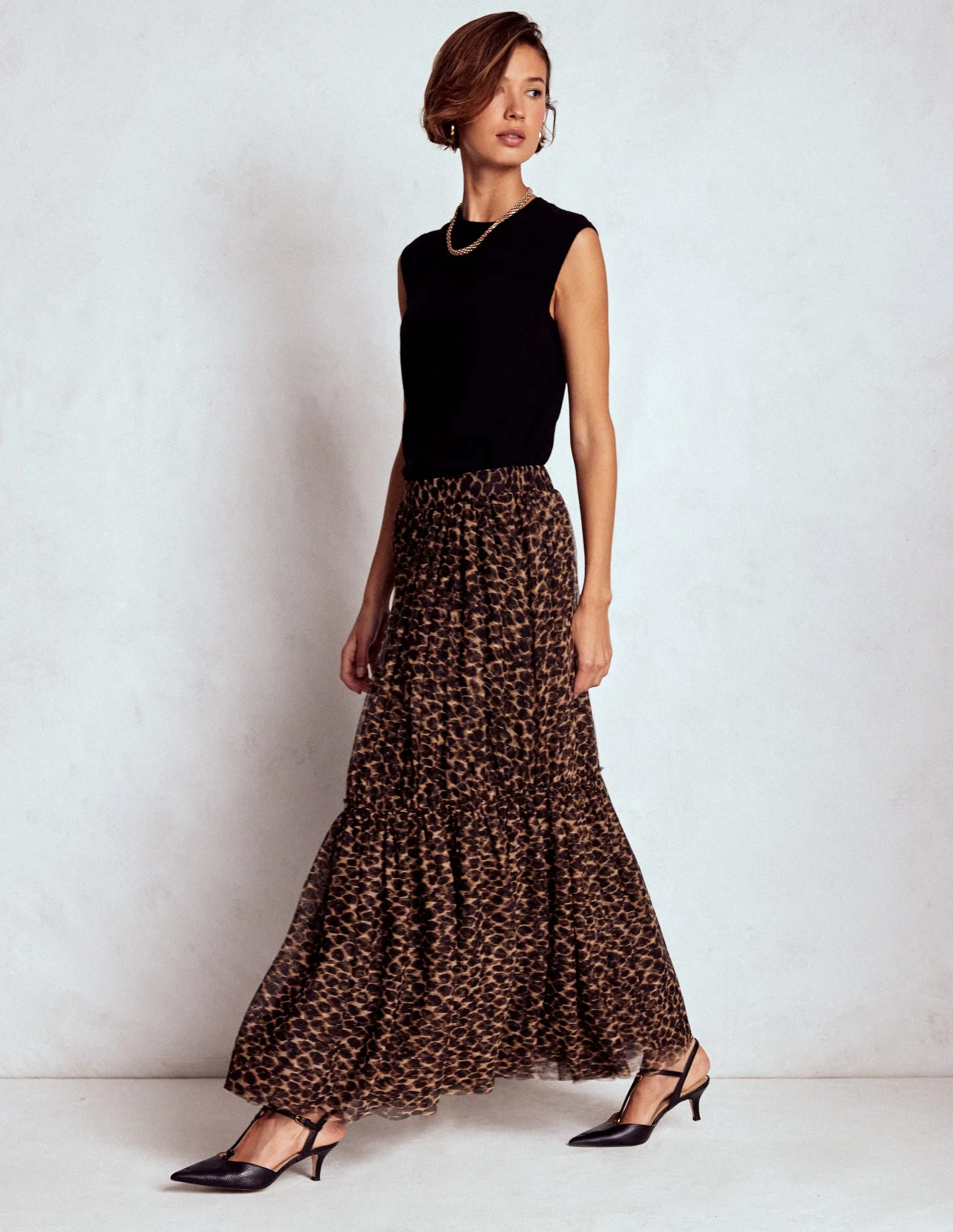 Laidback Feel Anna Tulle Midi Skirt-Leopard