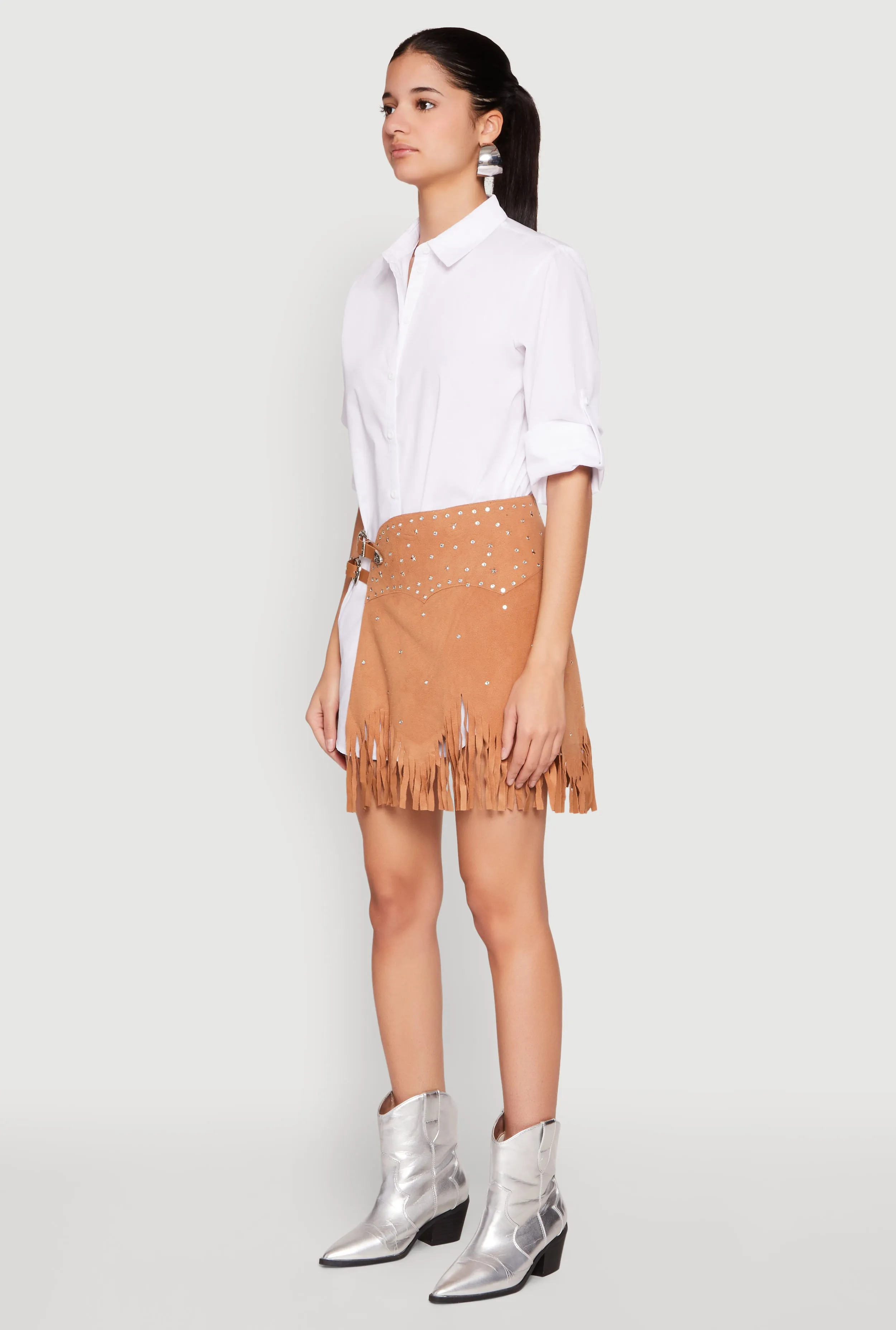 Fringe Buckle Front Skirt Flowy Drape