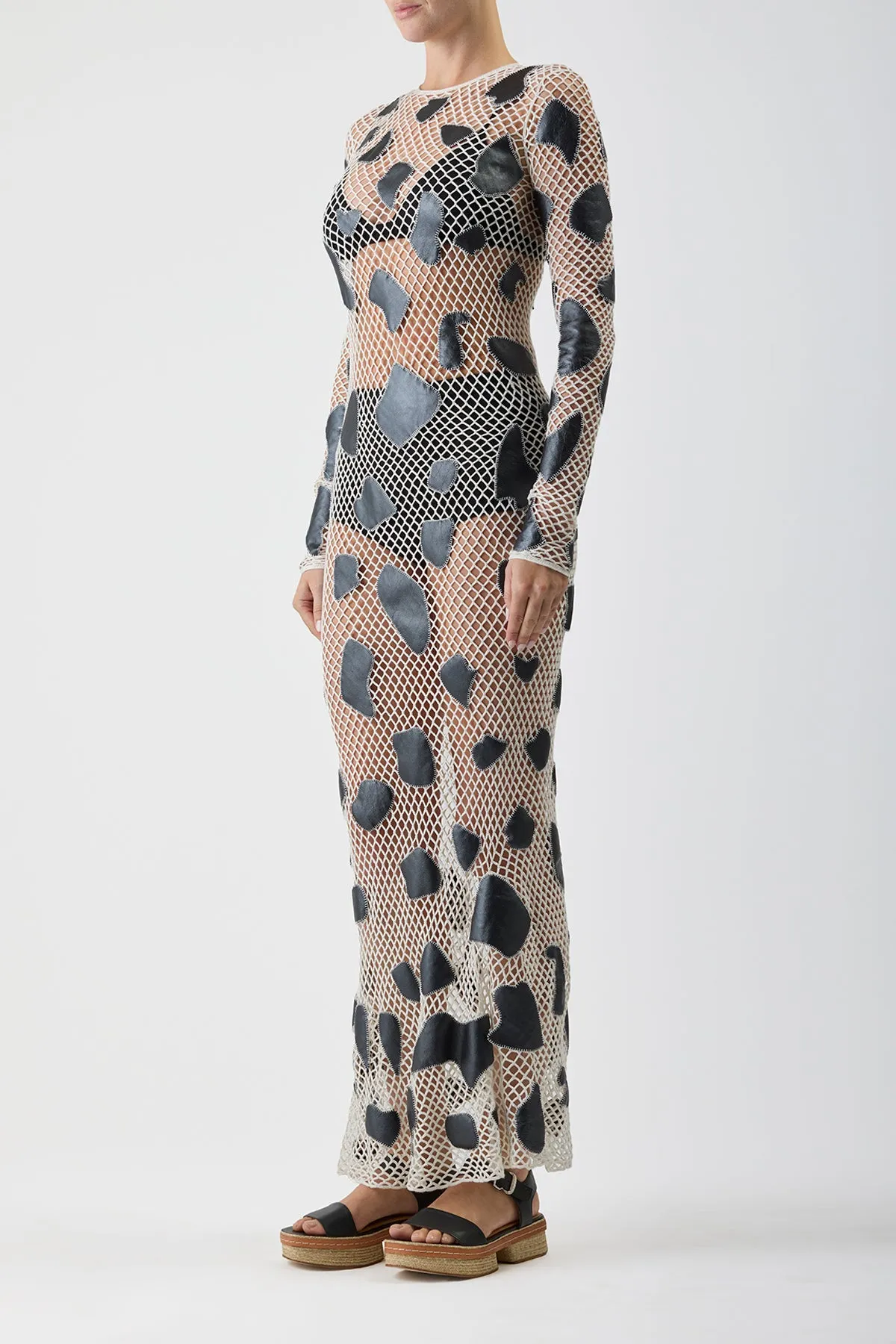 Flatlock stitching LowBulkFabric Romeo Crochet Maxi Dress in White Merino Wool with Black Metallic Nappa Leather Patches