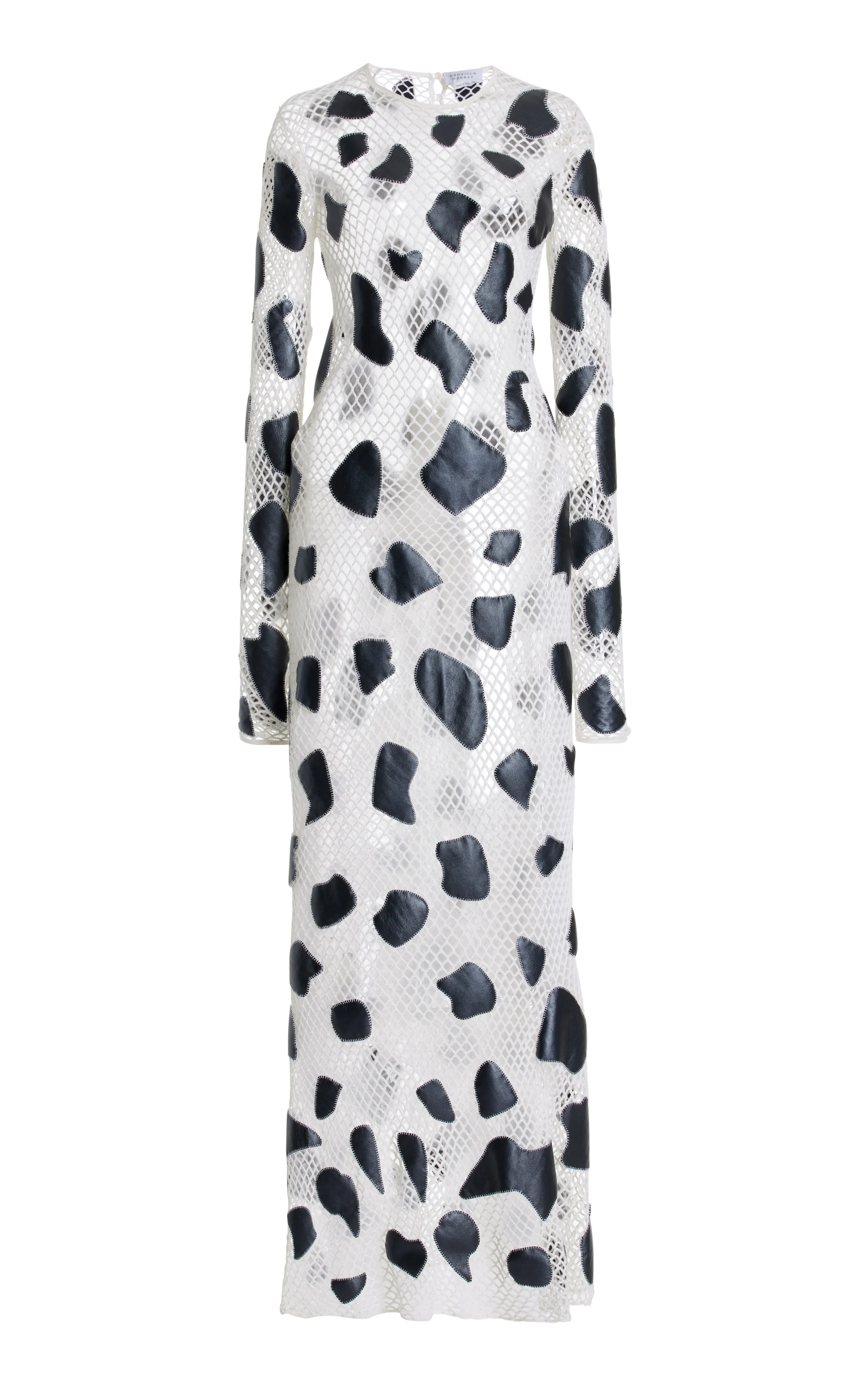 Romeo Crochet Maxi Dress in White Merino Wool with Black Metallic Nappa Leather Patches SweatAbsorbingTexture Brunch Fit