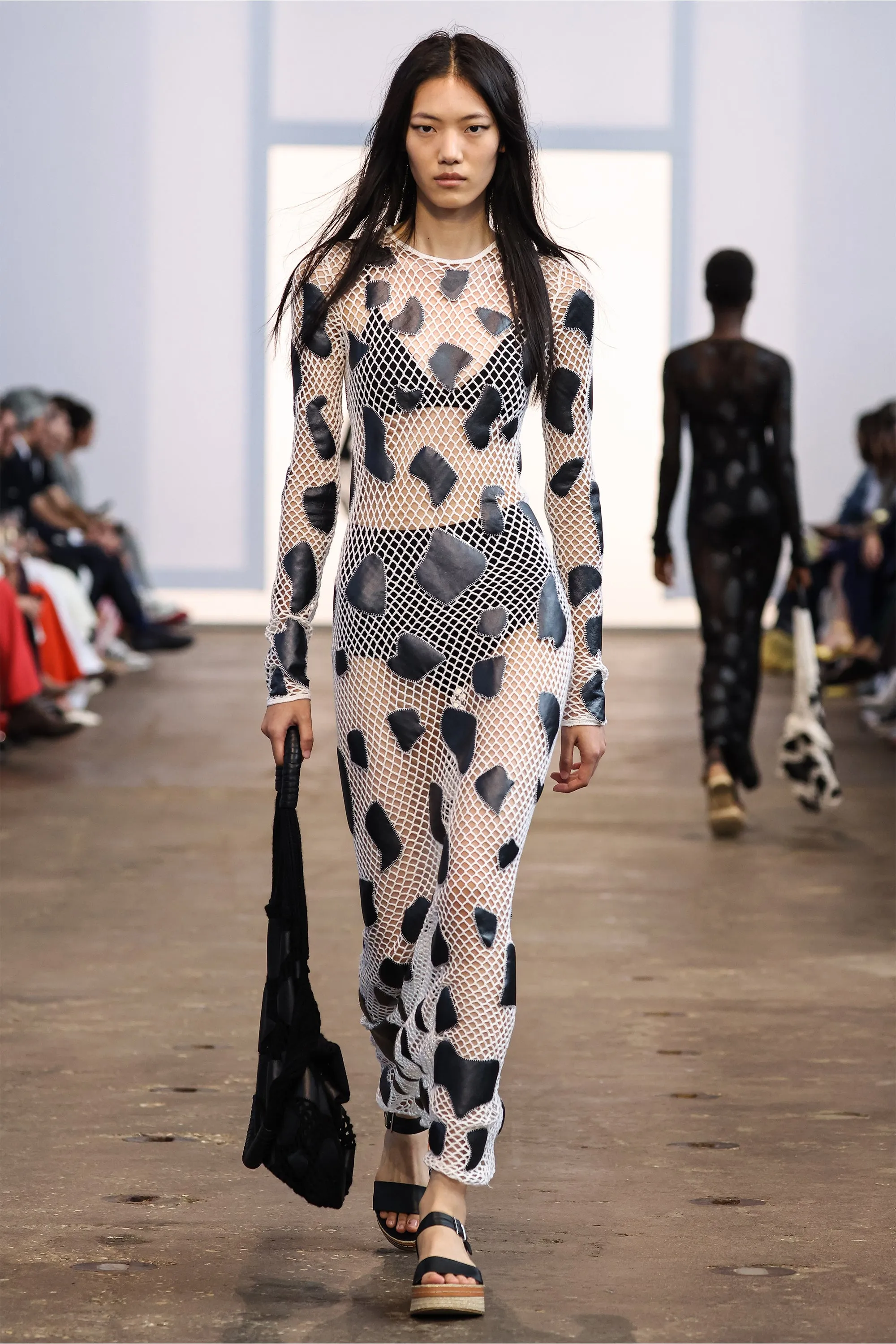 Romeo Crochet Maxi Dress in White Merino Wool with Black Metallic Nappa Leather Patches MultiPanelCut