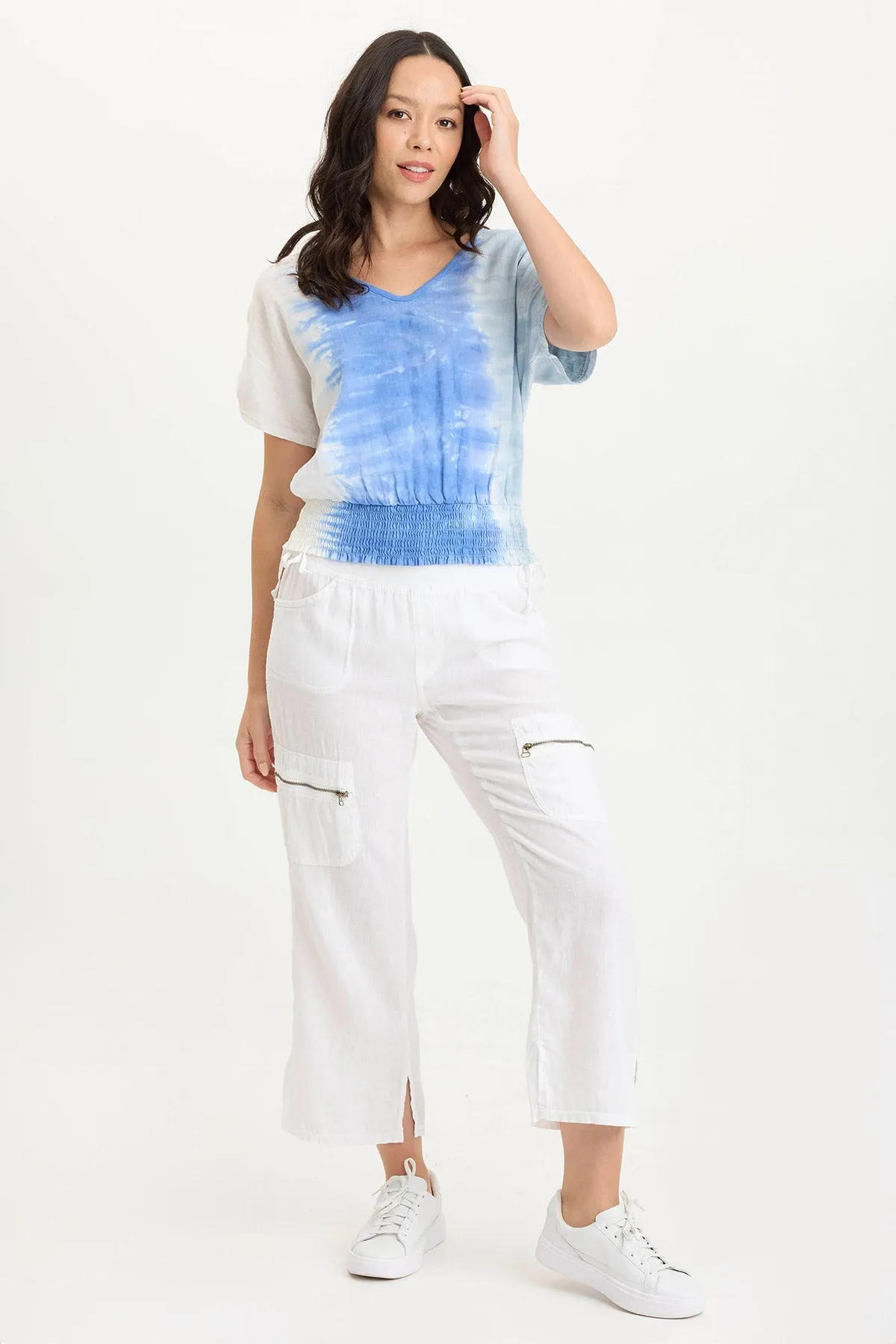Oko Linen/Jersey Cinched Hem Top Royal Mode