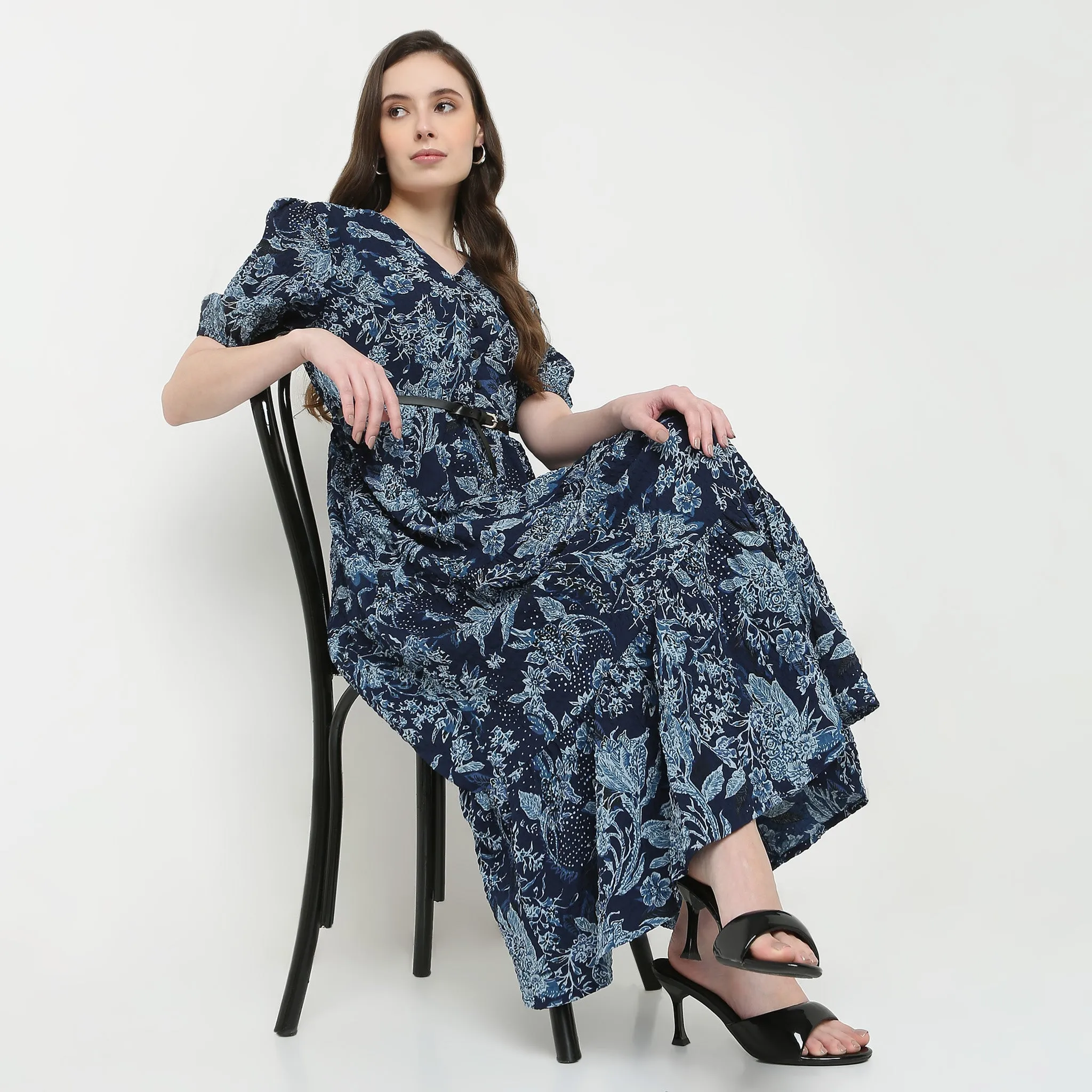 V-Neck Printed Tiered Dress Adjustable Straps