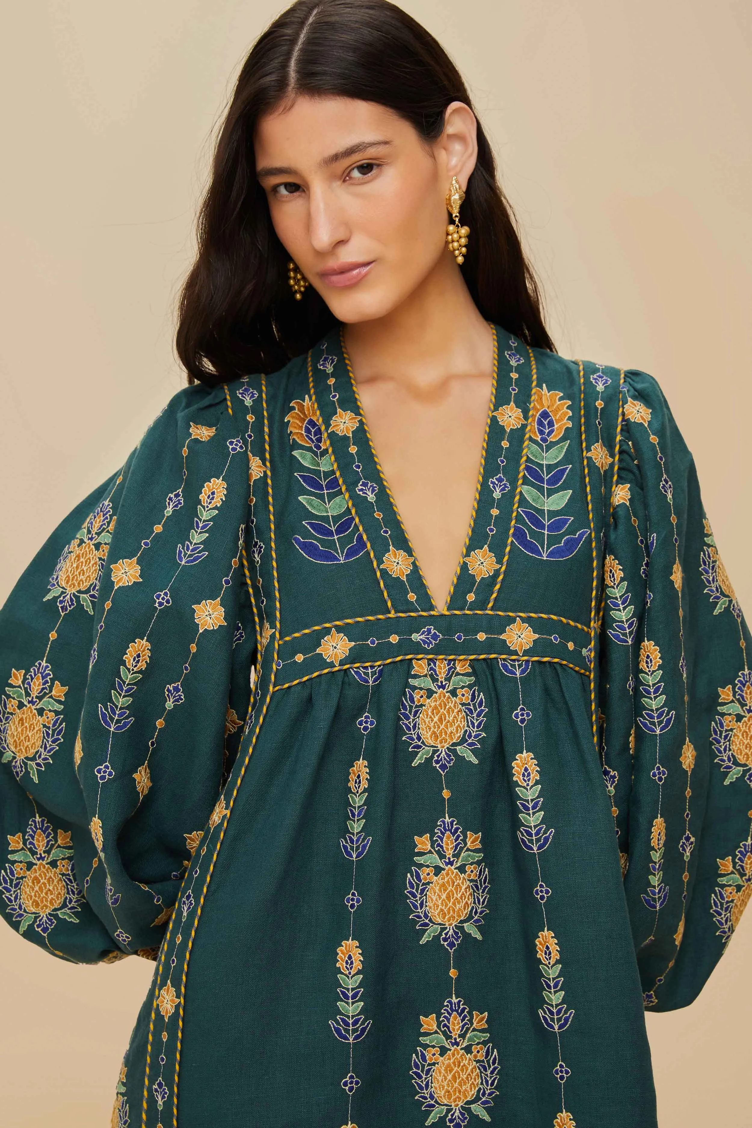 Green Pineapple Embroidered Euroflax? Premium Linen Tunic Maxi Dress Flowing silhouette dress Shell Shine
