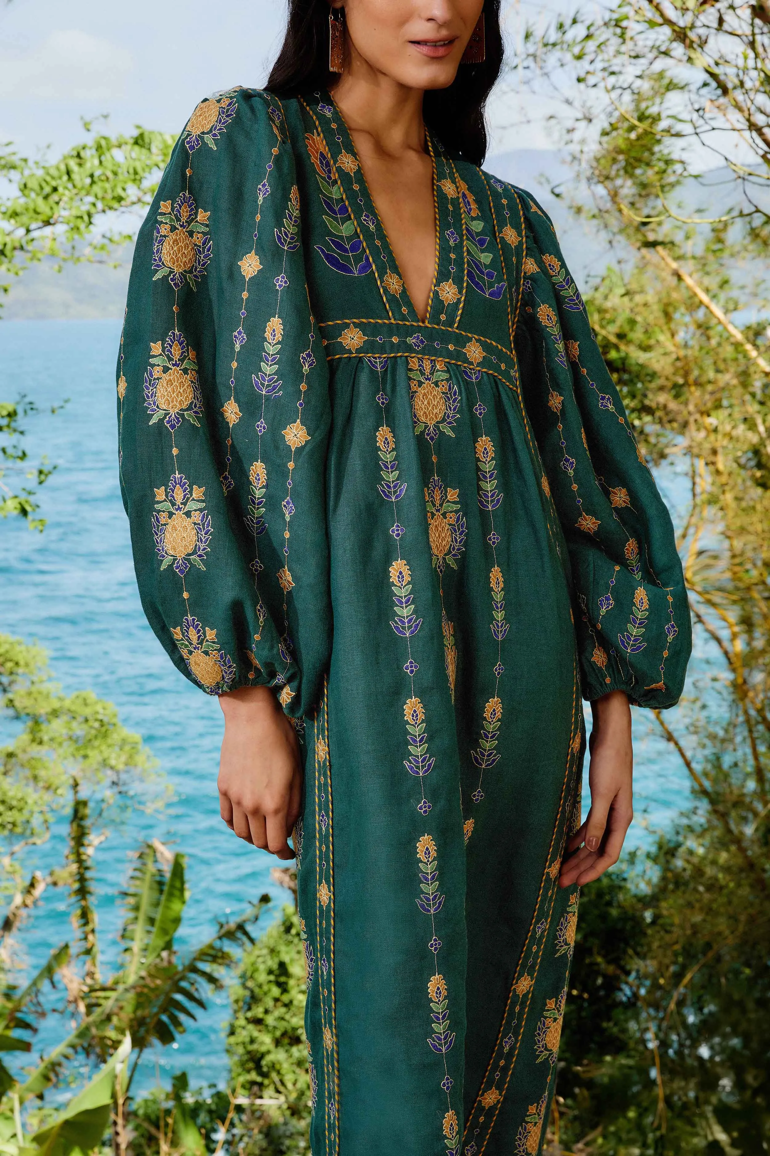 Vibrant floral maxi Steel Frame Green Pineapple Embroidered Euroflax? Premium Linen Tunic Maxi Dress