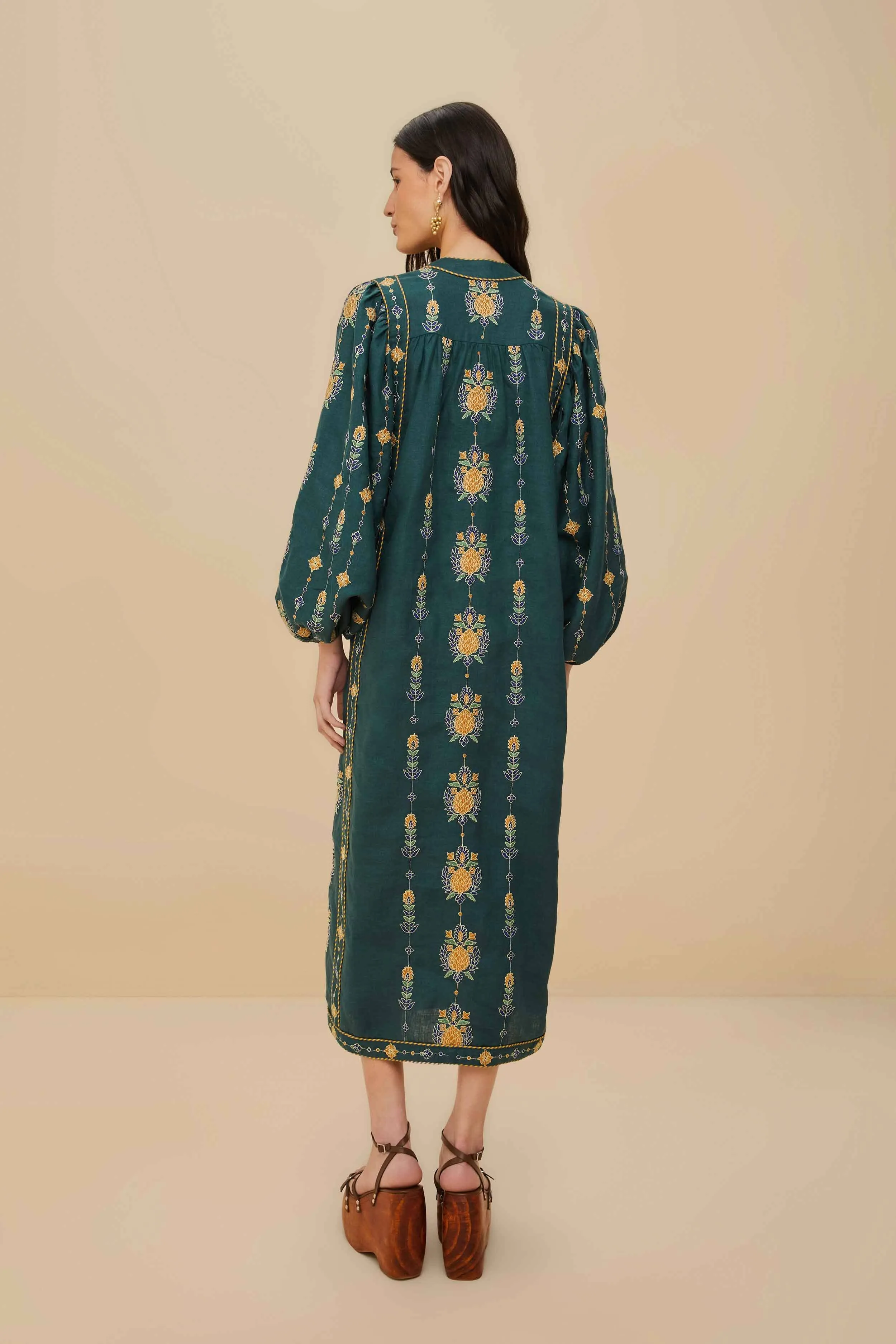 Green Pineapple Embroidered Euroflax? Premium Linen Tunic Maxi Dress The elegant cut of this dress ensures you look chic and feel comfortable throughout the day