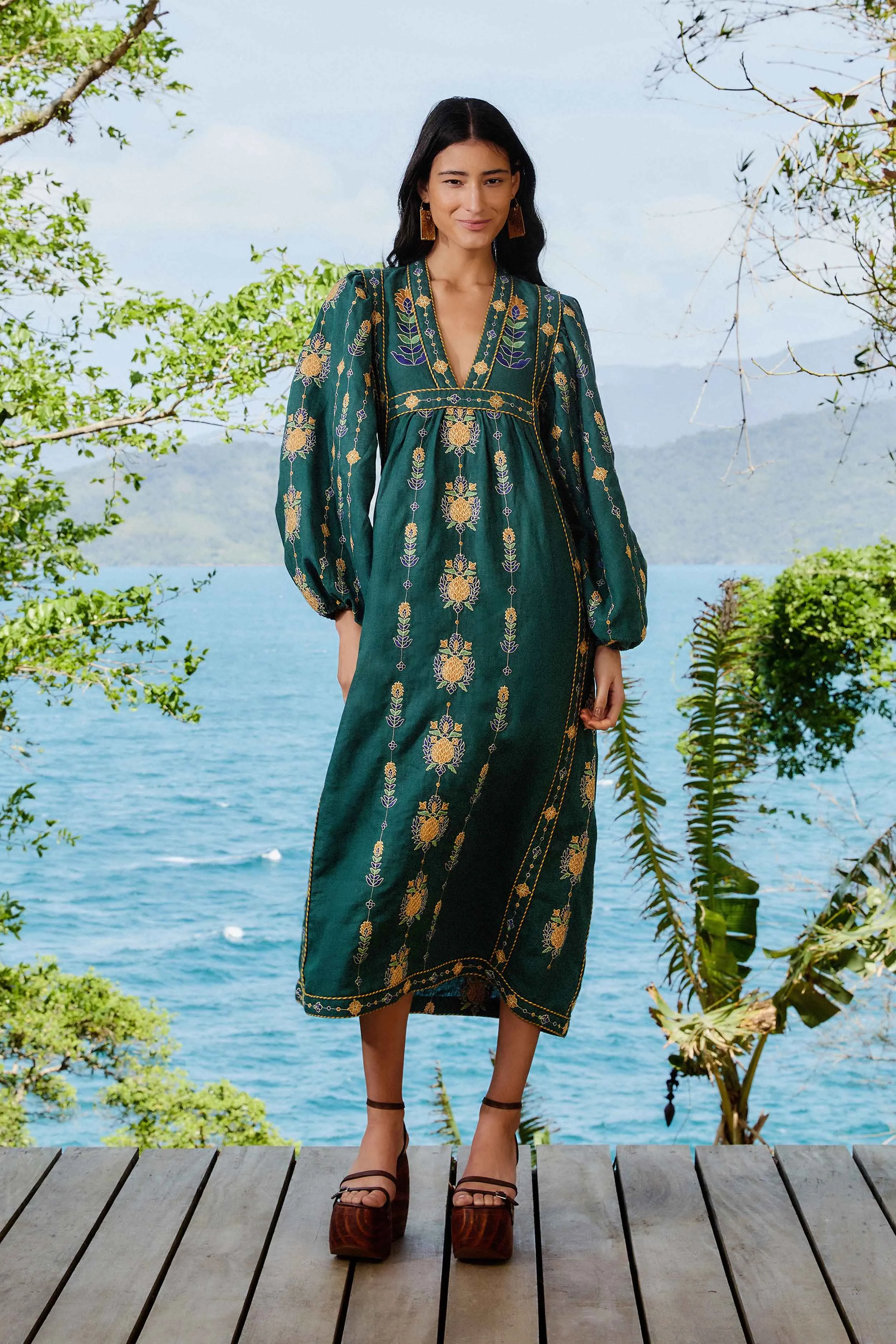 Tulle Flow Heat Proof Green Pineapple Embroidered Euroflax? Premium Linen Tunic Maxi Dress