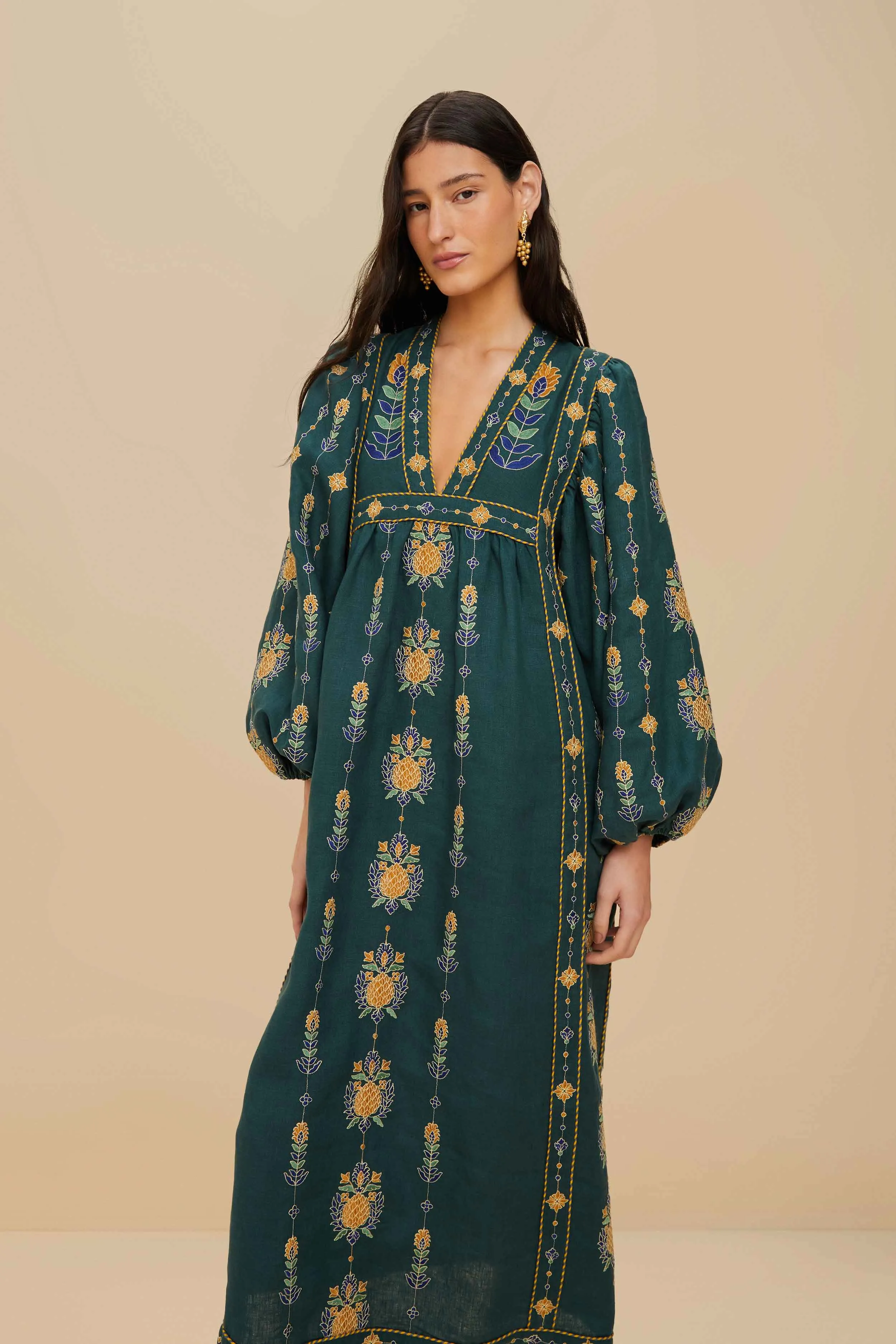 Orchid Glow Green Pineapple Embroidered Euroflax? Premium Linen Tunic Maxi Dress