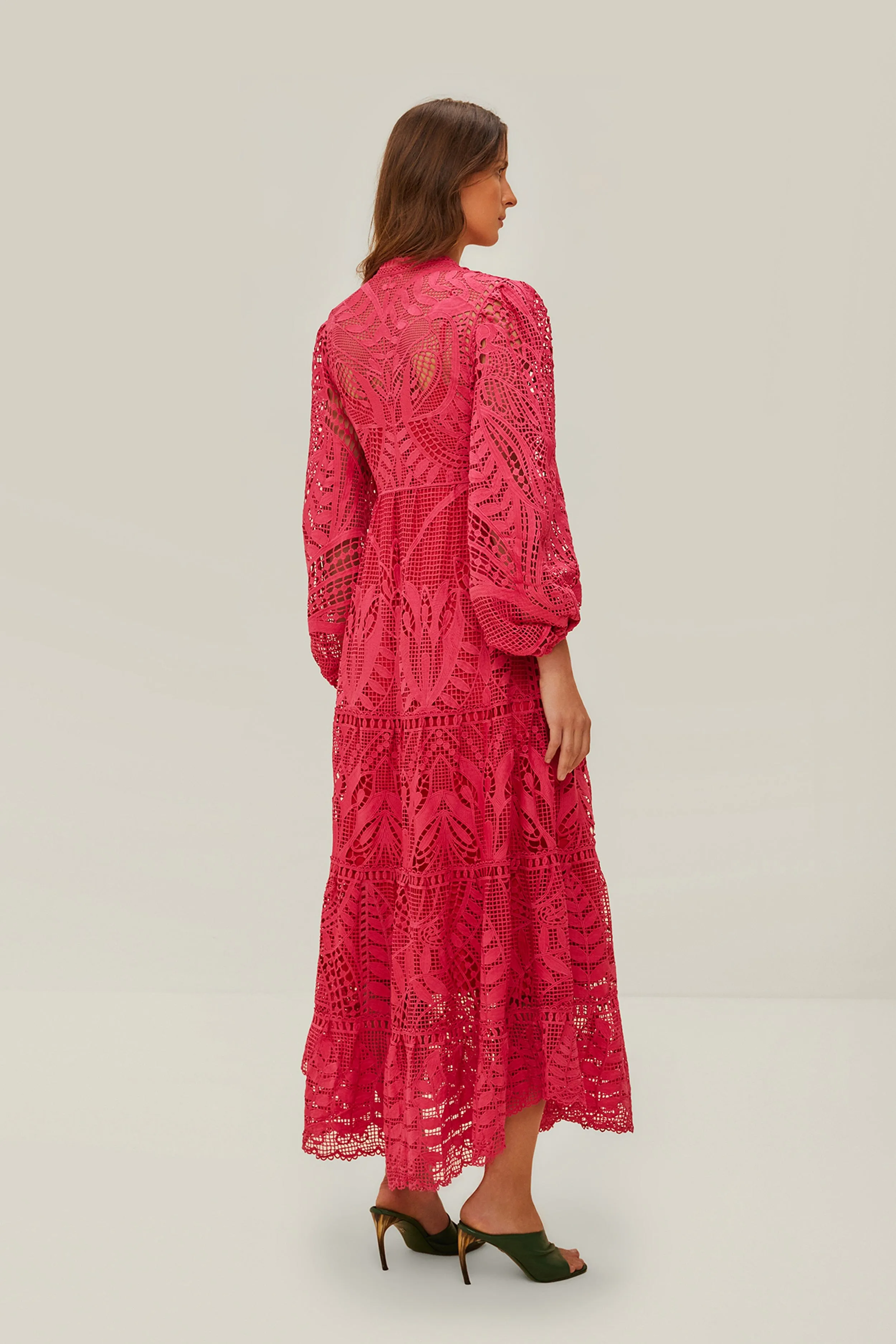 Breezy formal outfit Fur Trim Pink Guipire Maxi Dress